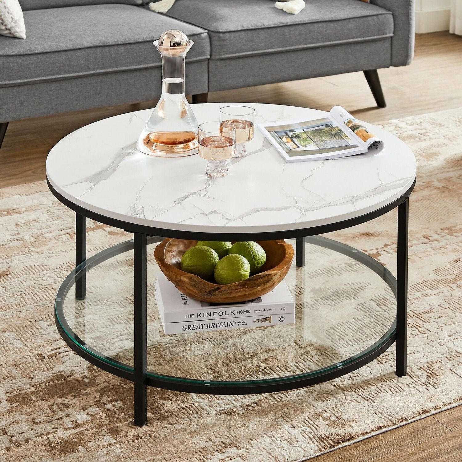 Soffbord – 2 hyllor – Vit marmorlook med svart ram