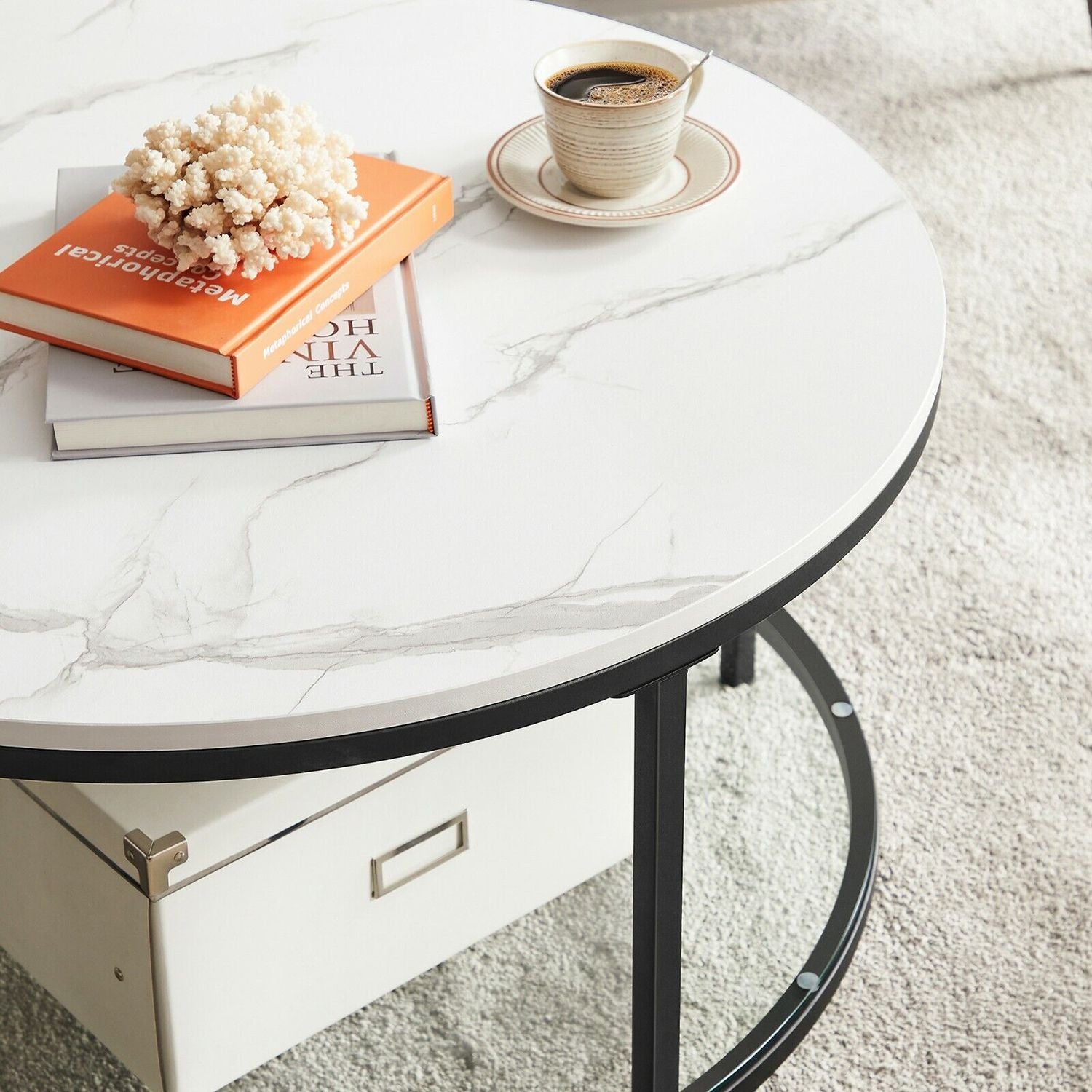 Soffbord – 2 hyllor – Vit marmorlook med svart ram