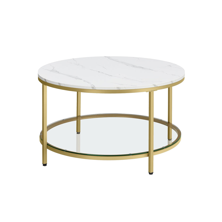 Soffbord – 2 hyllor – Vit marmorlook med svart ram