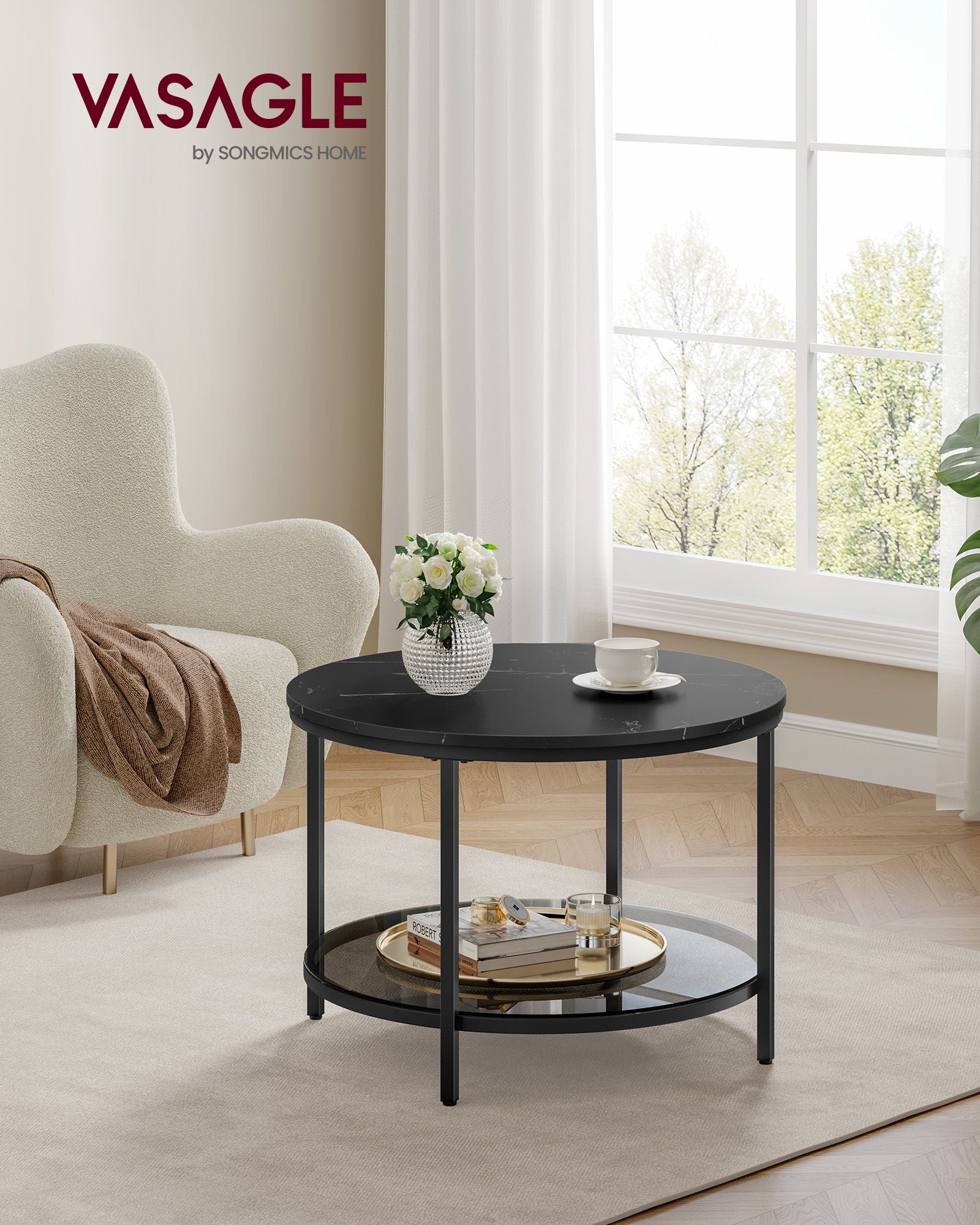 Coffee Table-2 nivåer-glas-plåt-marmor svart-bläck svart