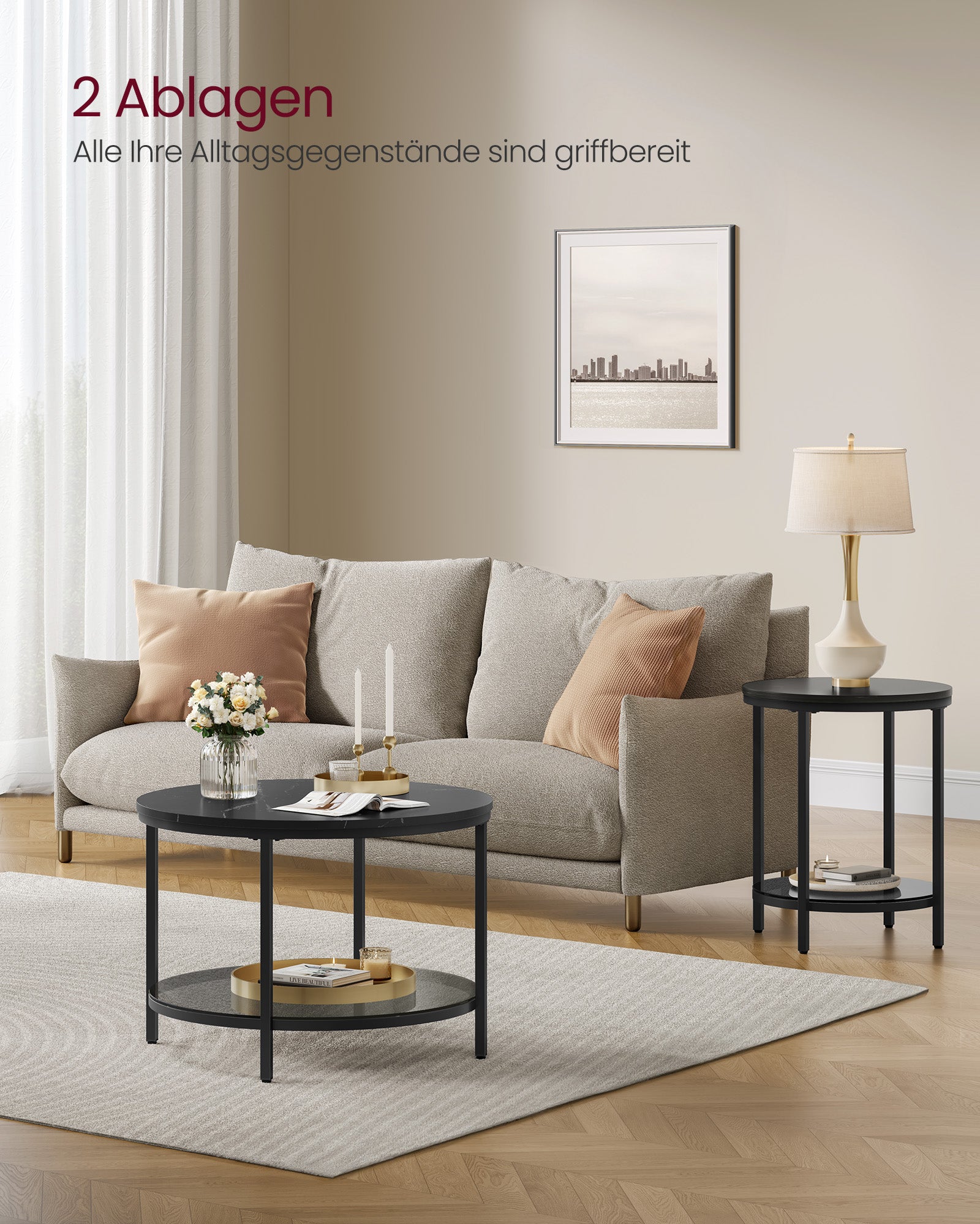 Soffbord – 2 plan – glasskiva – svart marmor