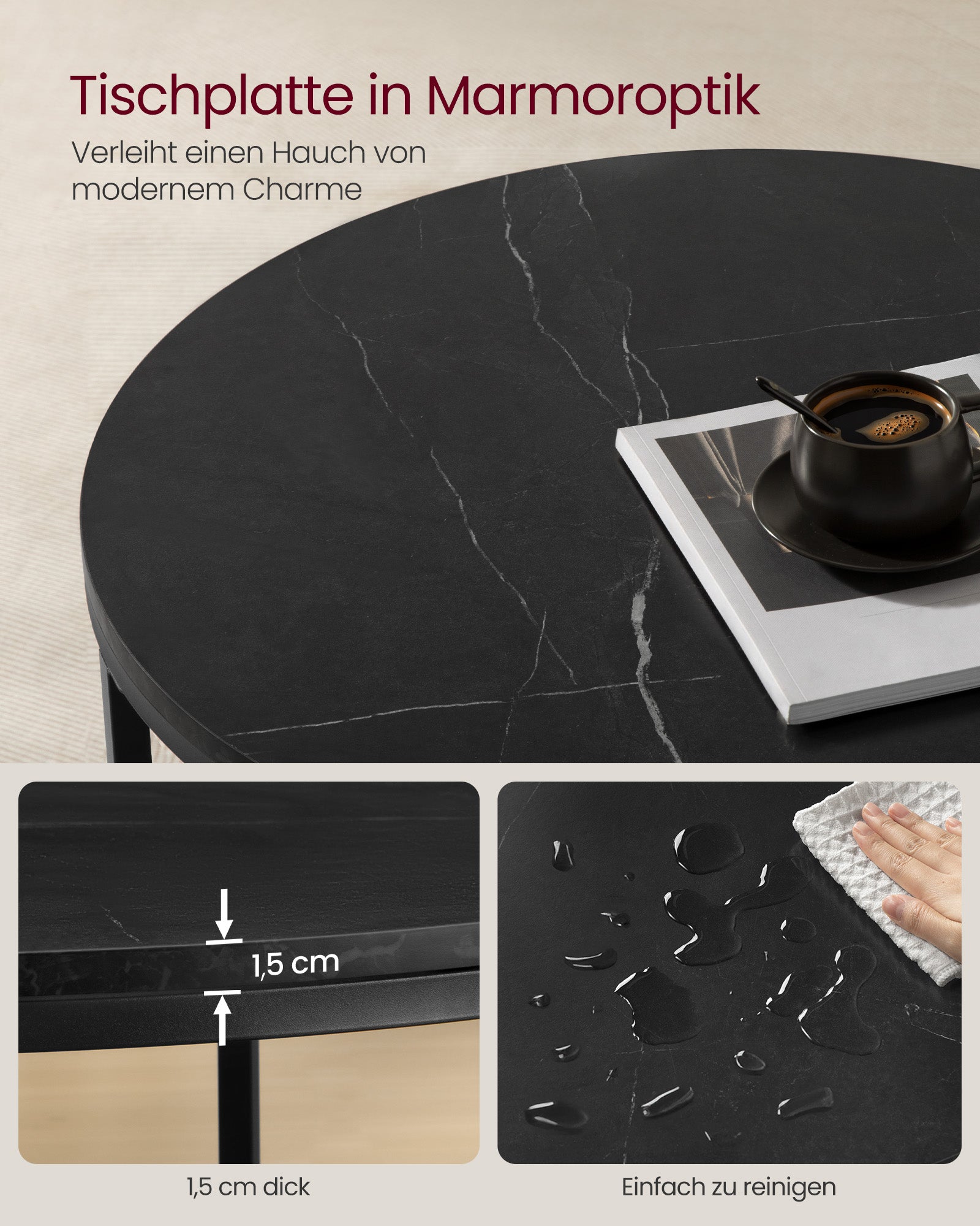 Soffbord – 2 plan – glasskiva – svart marmor