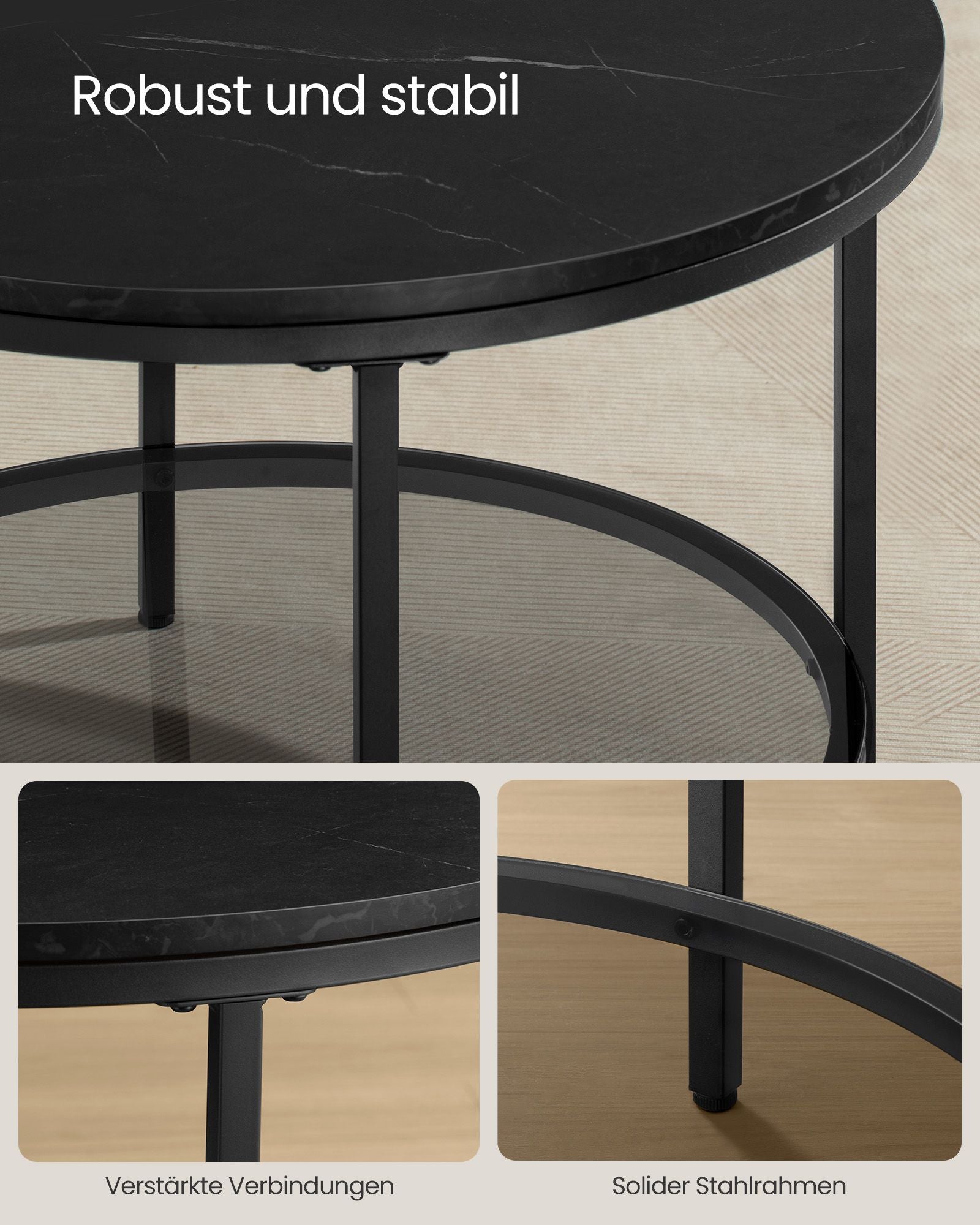Soffbord – 2 plan – glasskiva – svart marmor