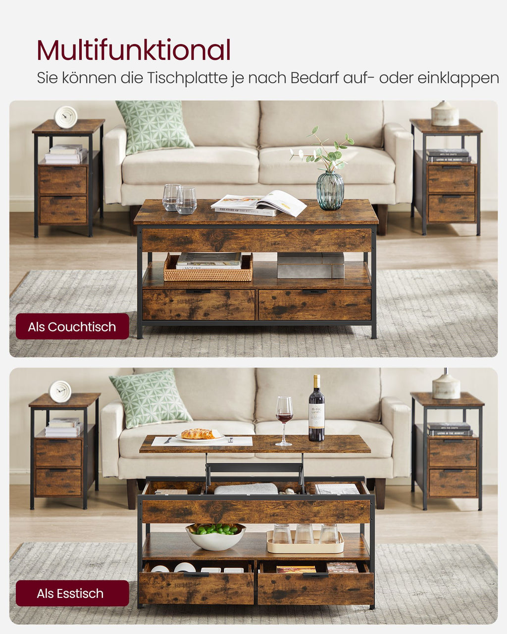 Soffbord-med lådor-vintage brun-bläck svart