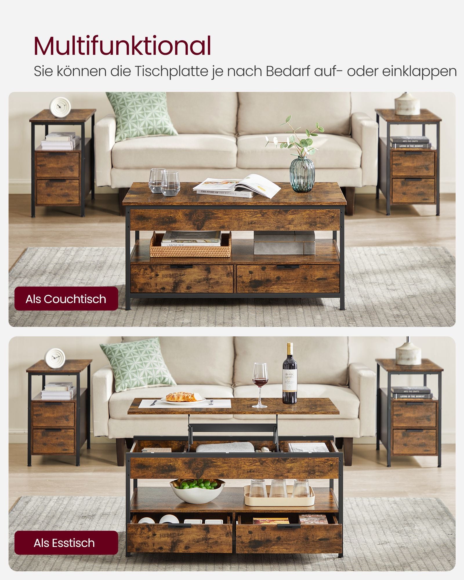 Soffbord – med lådor – vintage brunt och bläcksvart