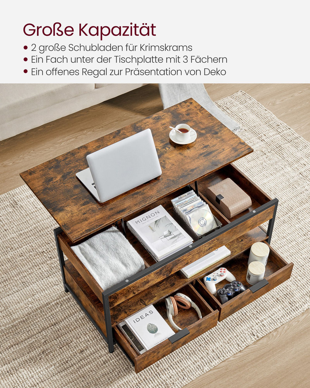 Soffbord-med lådor-vintage brun-bläck svart