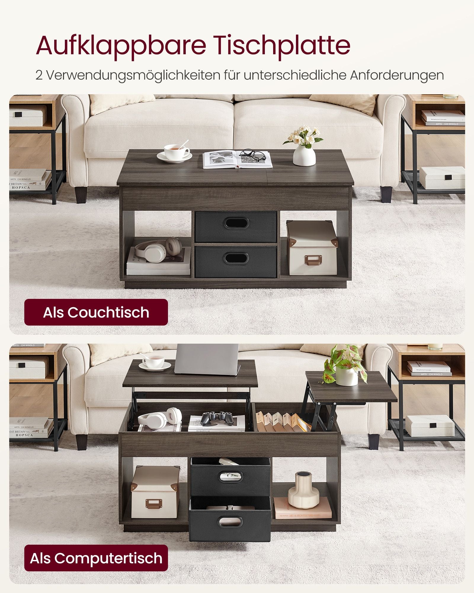 Soffbord med 2 lådor och fack - Snygg design - Askbrunt