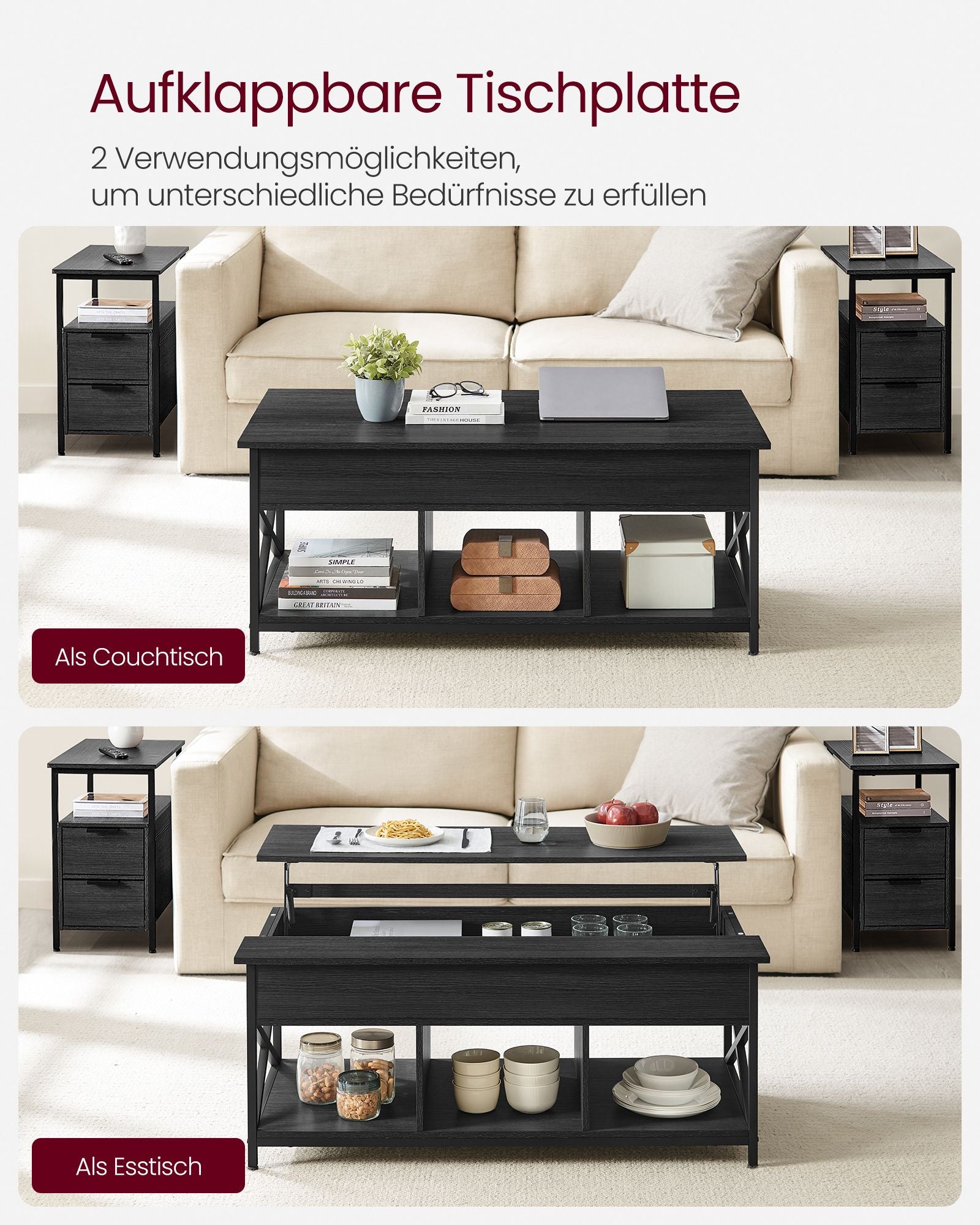 Soffbord – Justerbart i höjdled – Med dolt förvaringsutrymme – Antracitgrå–svart