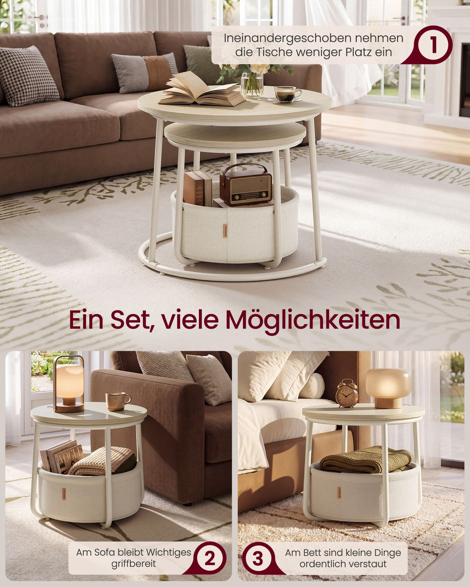 Bijzettafels Rond – Set van 2 – Met Stoffen Mand – Naturel Beige en Lichtmokka