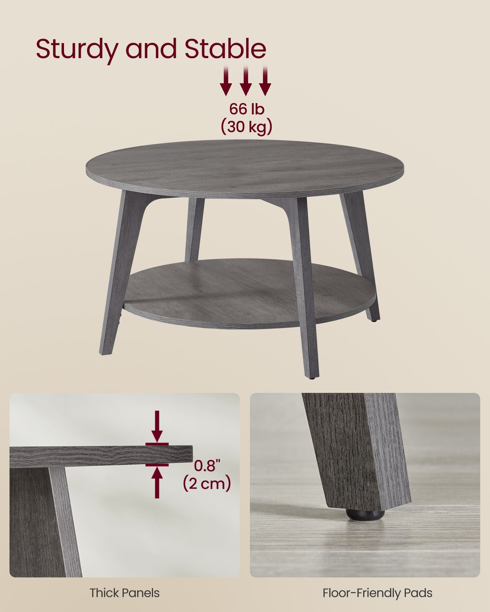 Rund soffbord - 2 nivåer - med lagringsutrymme - 80 x 45 cm - dimmigt grått