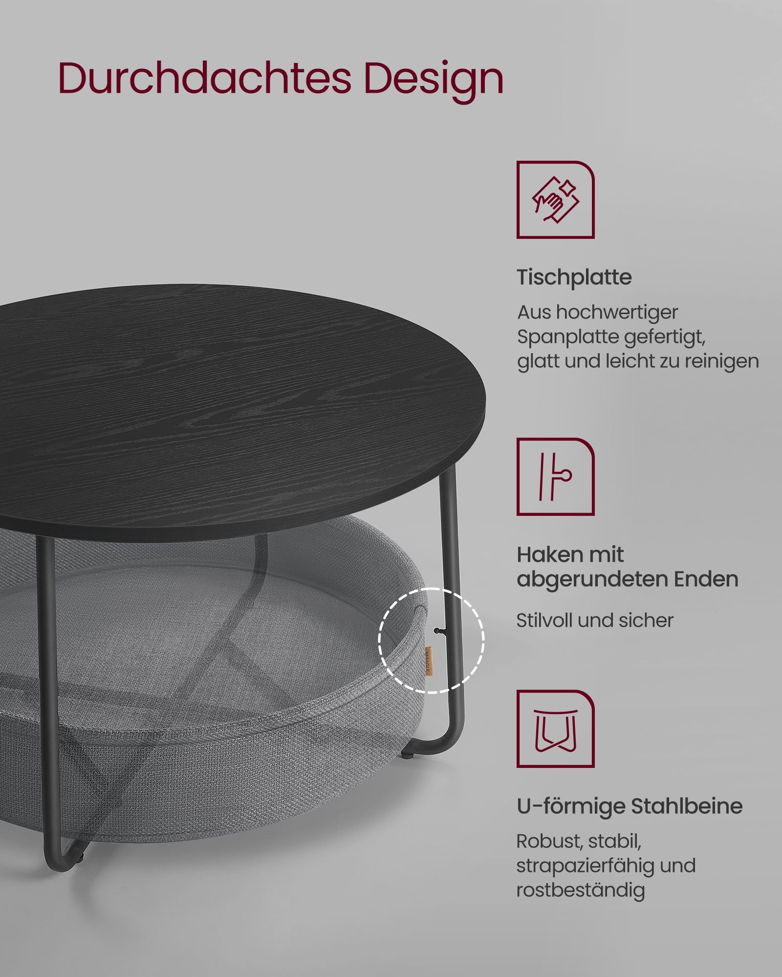 Soffbord med korg gjord av bläck -svart och leigrijze -tyg