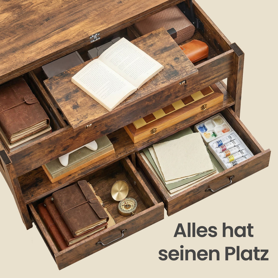 Salontafel - In Hoogte Verstelbaar - Gasveer - 2 Lades - Vintage Bruin