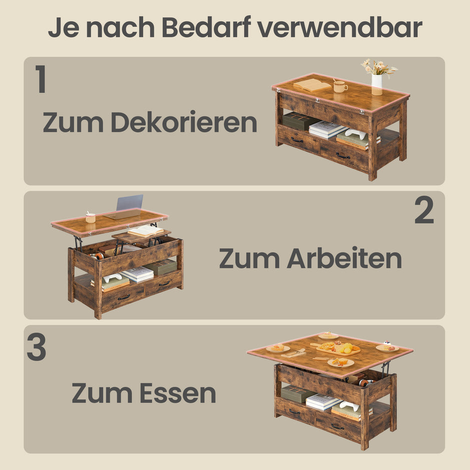 Salontafel - In Hoogte Verstelbaar - Gasveer - 2 Lades - Vintage Bruin