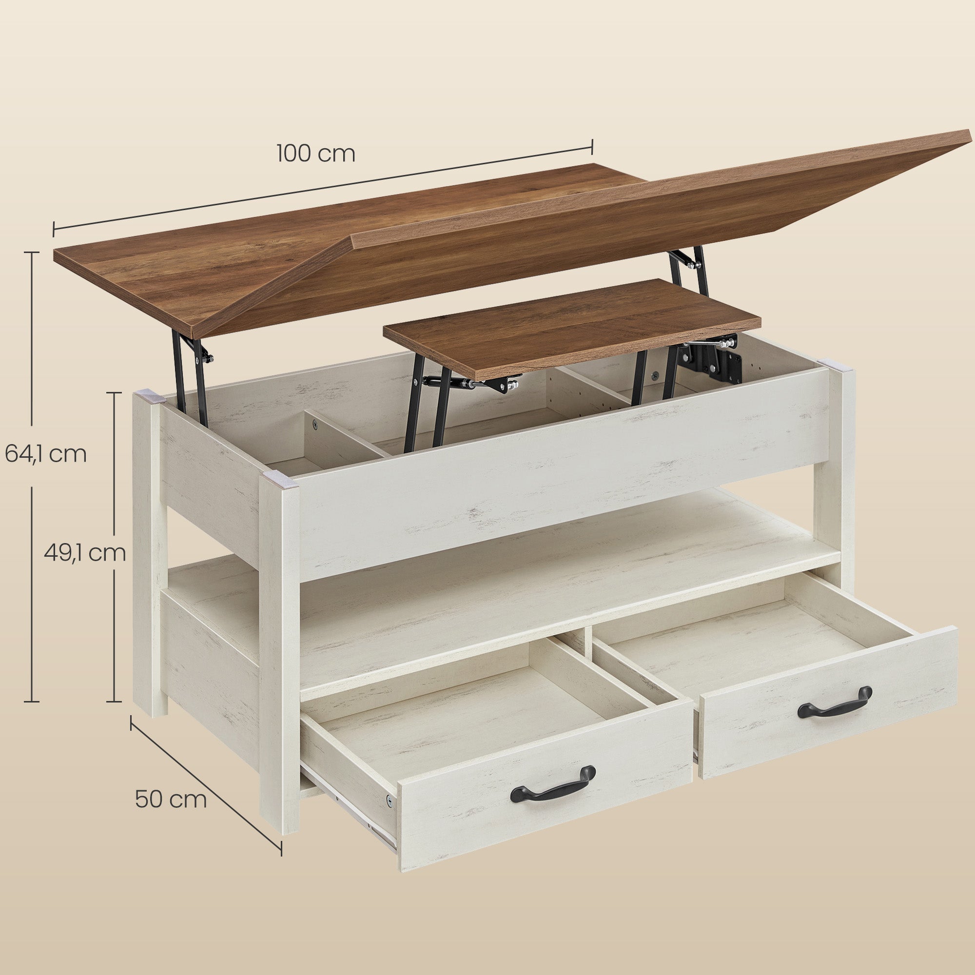 Salontafel - In Hoogte Verstelbaar - Gasveer - 2 Lades - Bruin-Wit