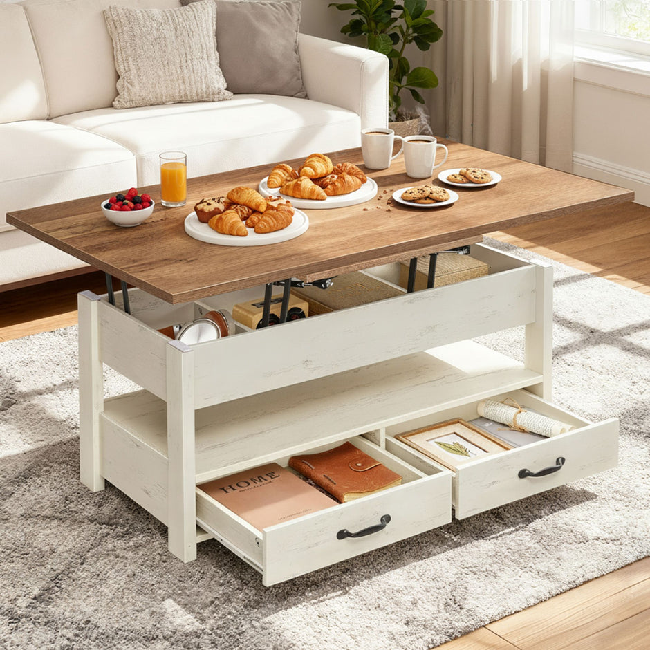 Salontafel - In Hoogte Verstelbaar - Gasveer - 2 Lades - Bruin-Wit