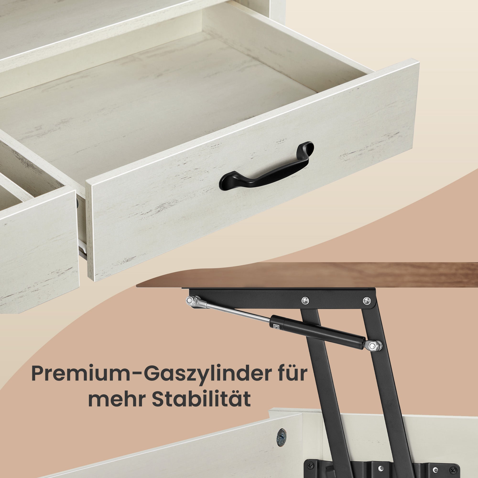 Salontafel - In Hoogte Verstelbaar - Gasveer - 2 Lades - Bruin-Wit