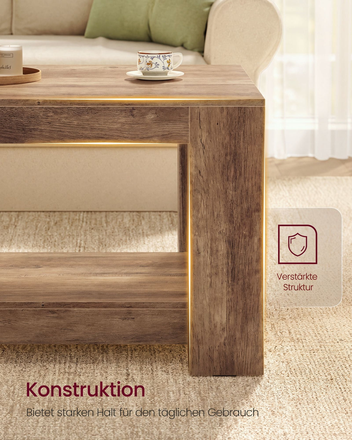 Salontafel – Met Onderplank en Dik Tafelblad – Mid-Century – 100 x 55 cm – Honingbruin