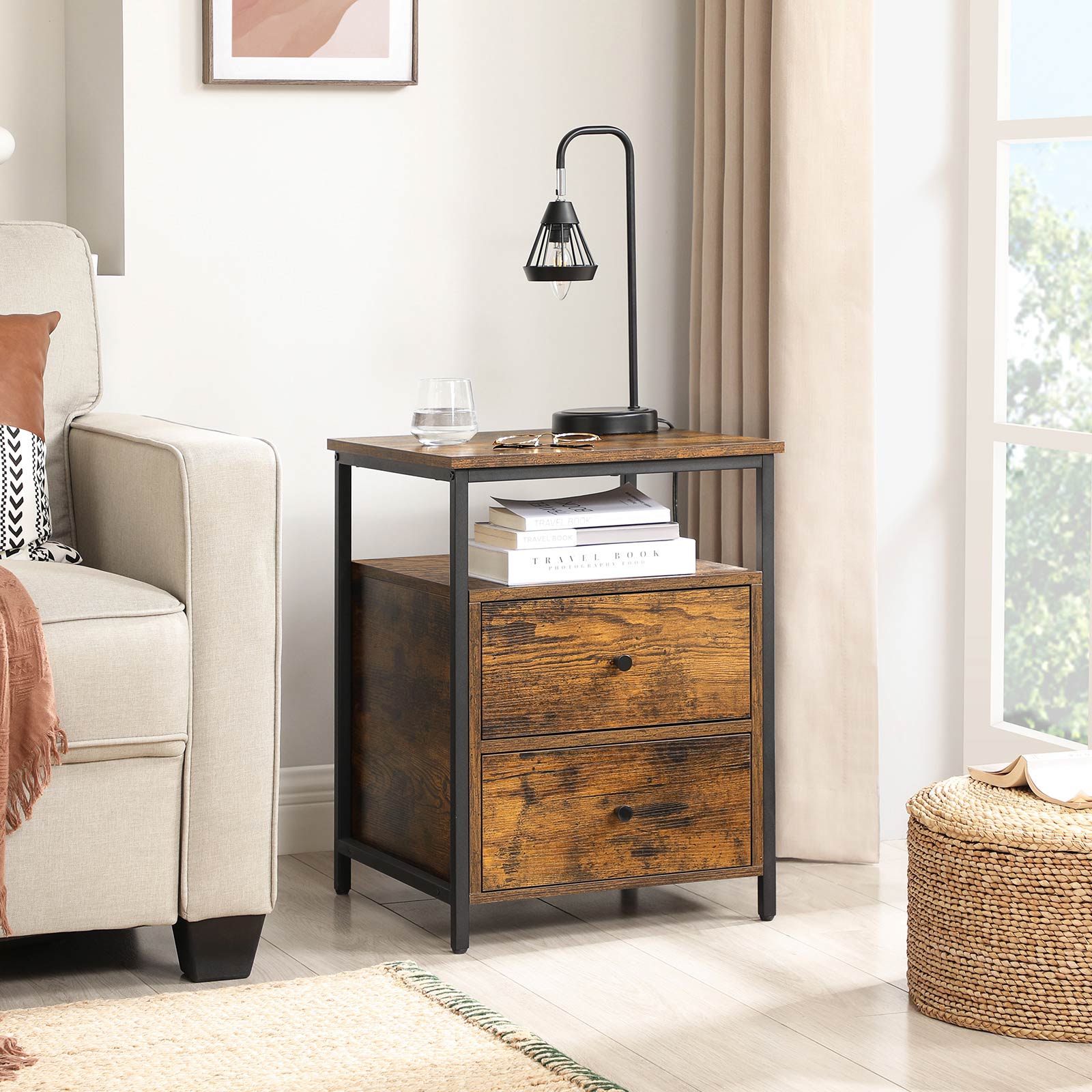 Sängbord - med 2 lådor - industriell design - brun/svart