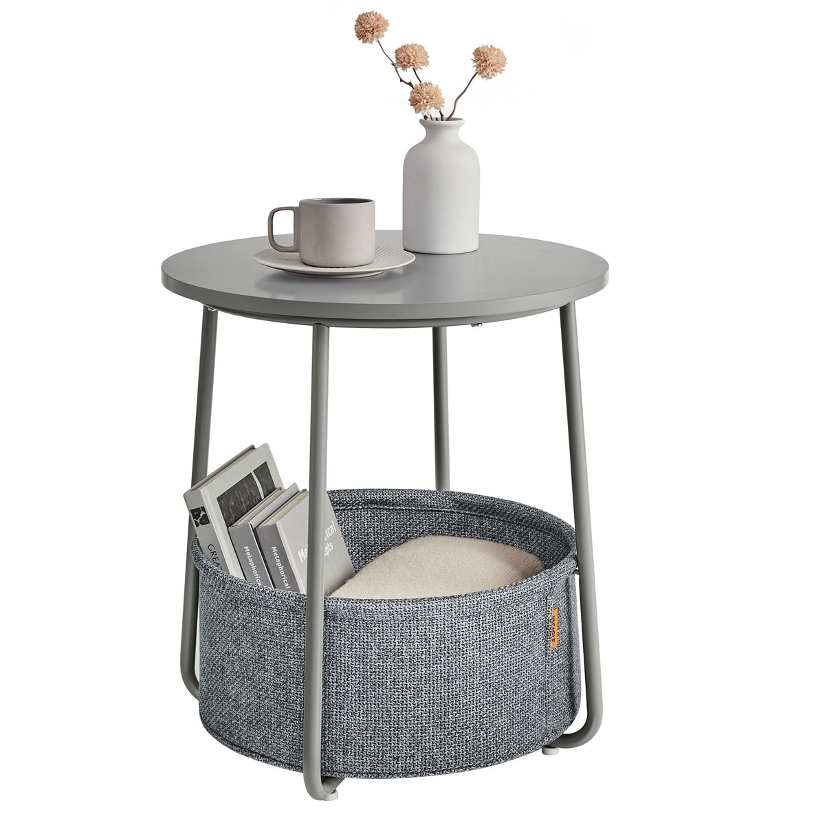 Ronde Bijzettafel – Met Stoffen Opbergmand – Ø 45 cm – Duifgrijs en Leigrijs