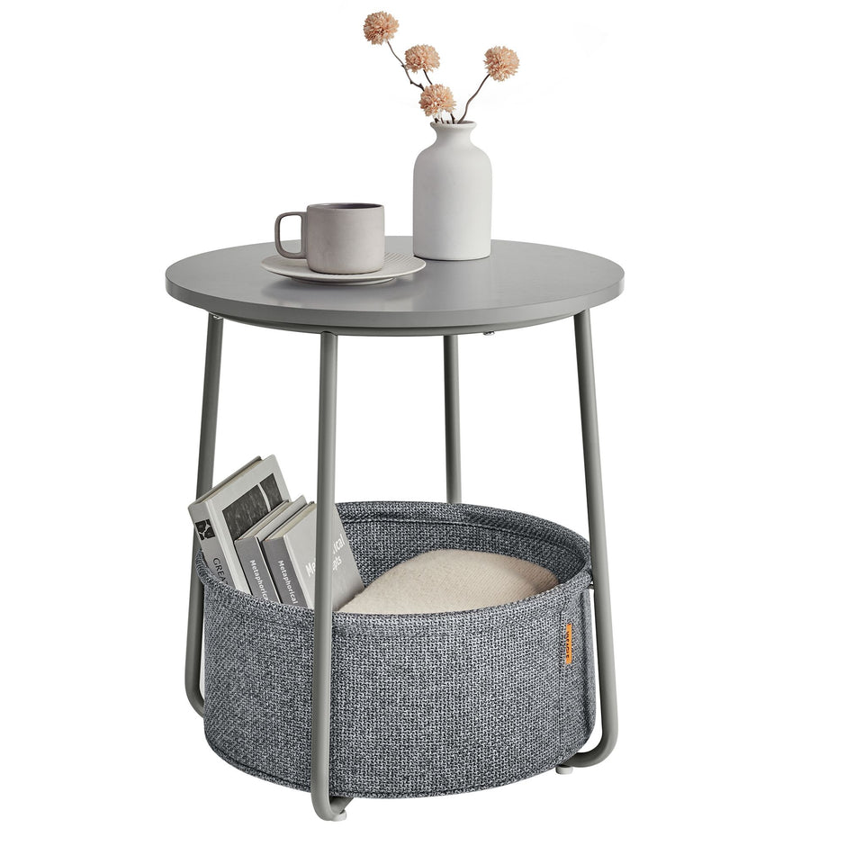Ronde Bijzettafel – Met Stoffen Opbergmand – Ø 45 cm – Duifgrijs en Leigrijs