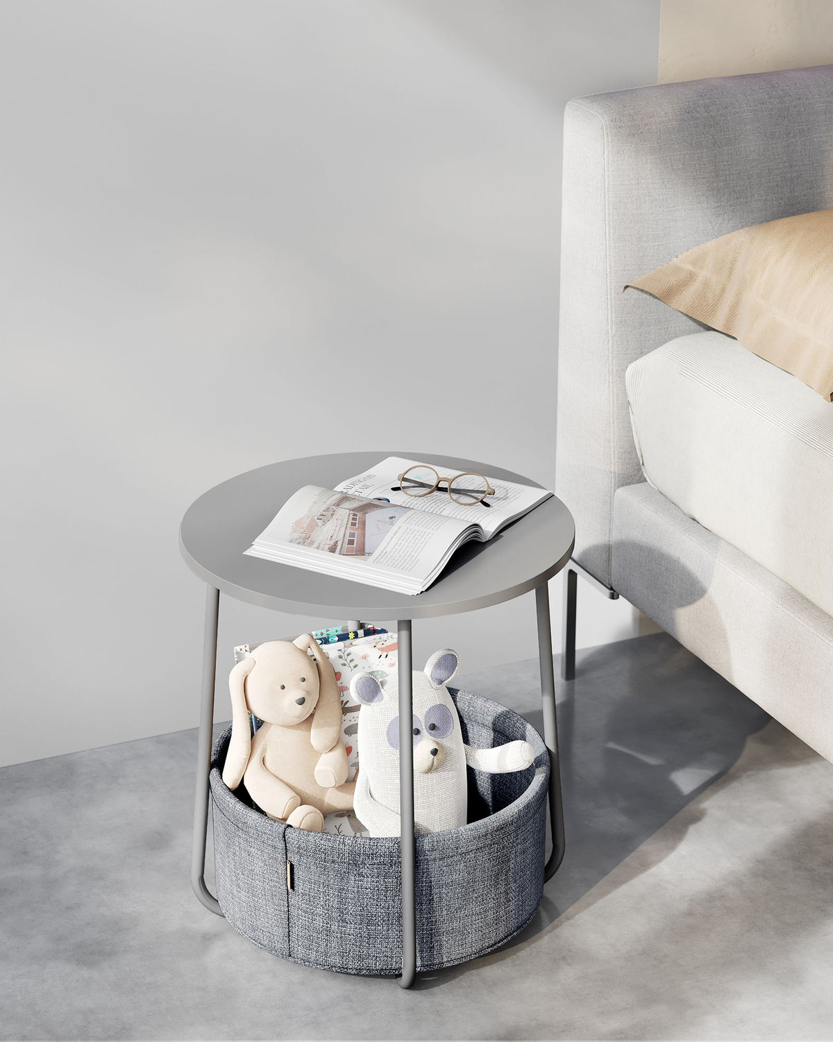 Ronde Bijzettafel – Met Stoffen Opbergmand – Ø 45 cm – Duifgrijs en Leigrijs