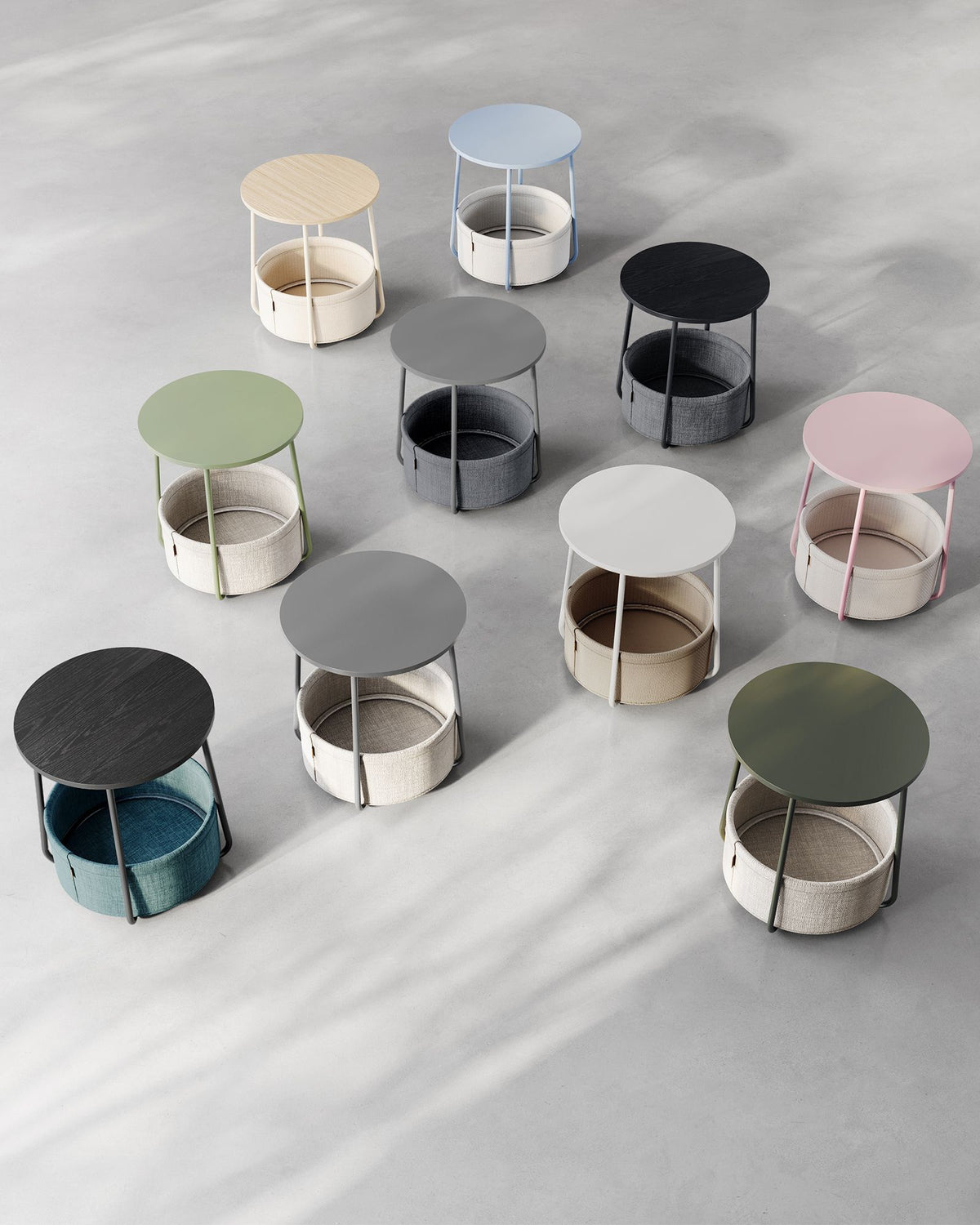 Ronde Bijzettafel – Met Stoffen Opbergmand – Ø 45 cm – Duifgrijs en Leigrijs