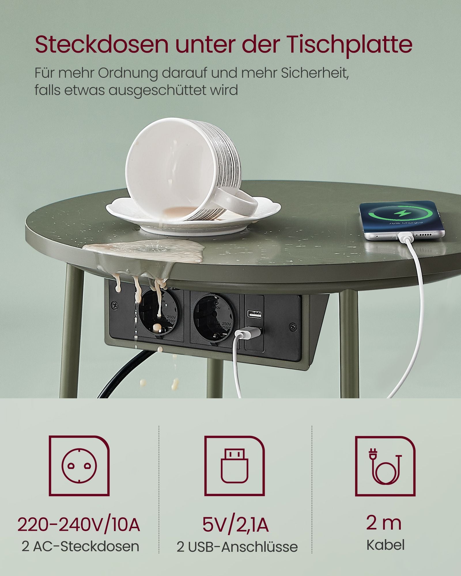 Sidobord - med laddningsstation & socket - Bosgroen & crèmwit