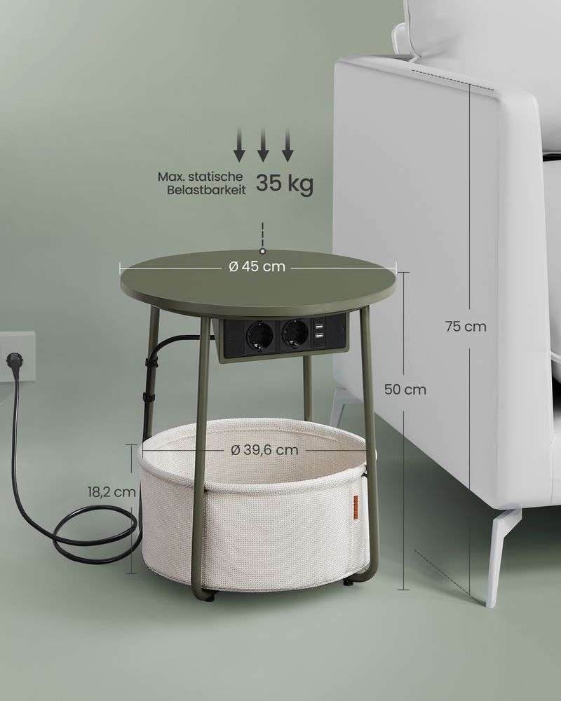 Sidobord - sängbord - med laddningsstation och uttag - med korg - grönt