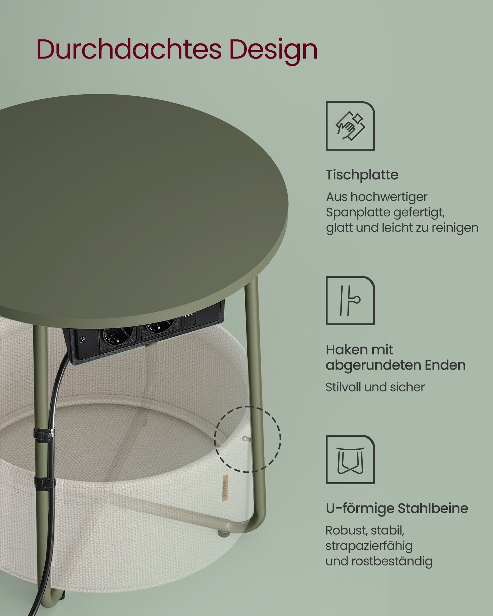 Sidobord med laddningsstation och uttag i skoggrönt och gräddevitt