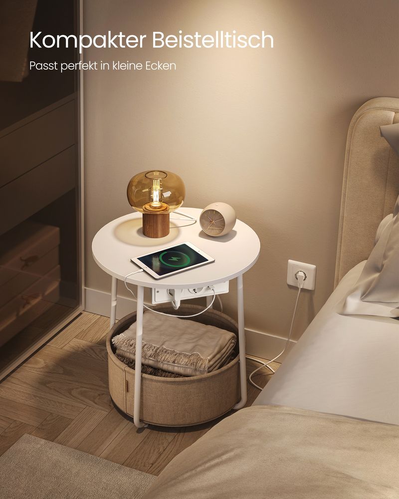 Sidobord - sängbord - med laddningsstation och uttag - med korg - vit