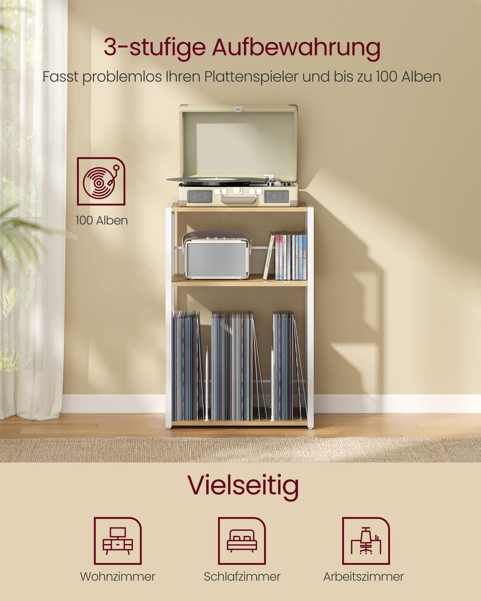 Platenspeler Standaard – 3 Niveaus – Tot 100 Platen – Goudeiken en Crèmewit