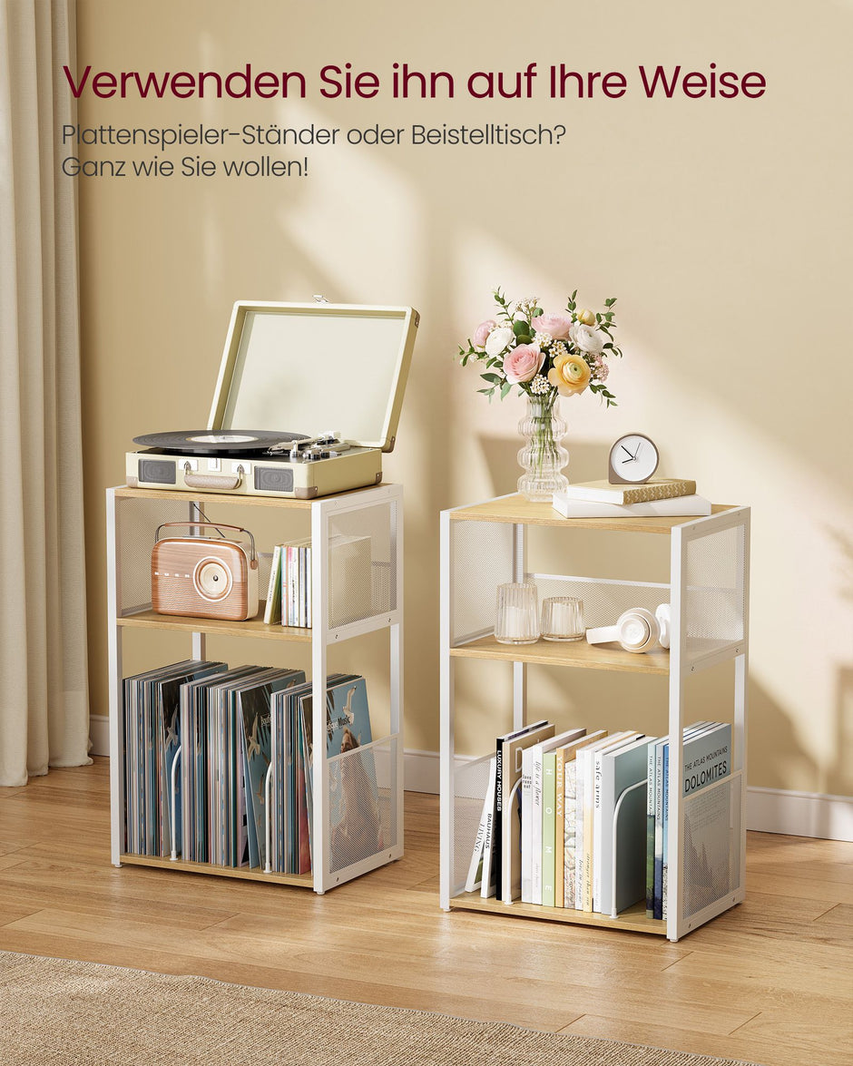 Platenspeler Standaard – 3 Niveaus – Tot 100 Platen – Goudeiken en Crèmewit