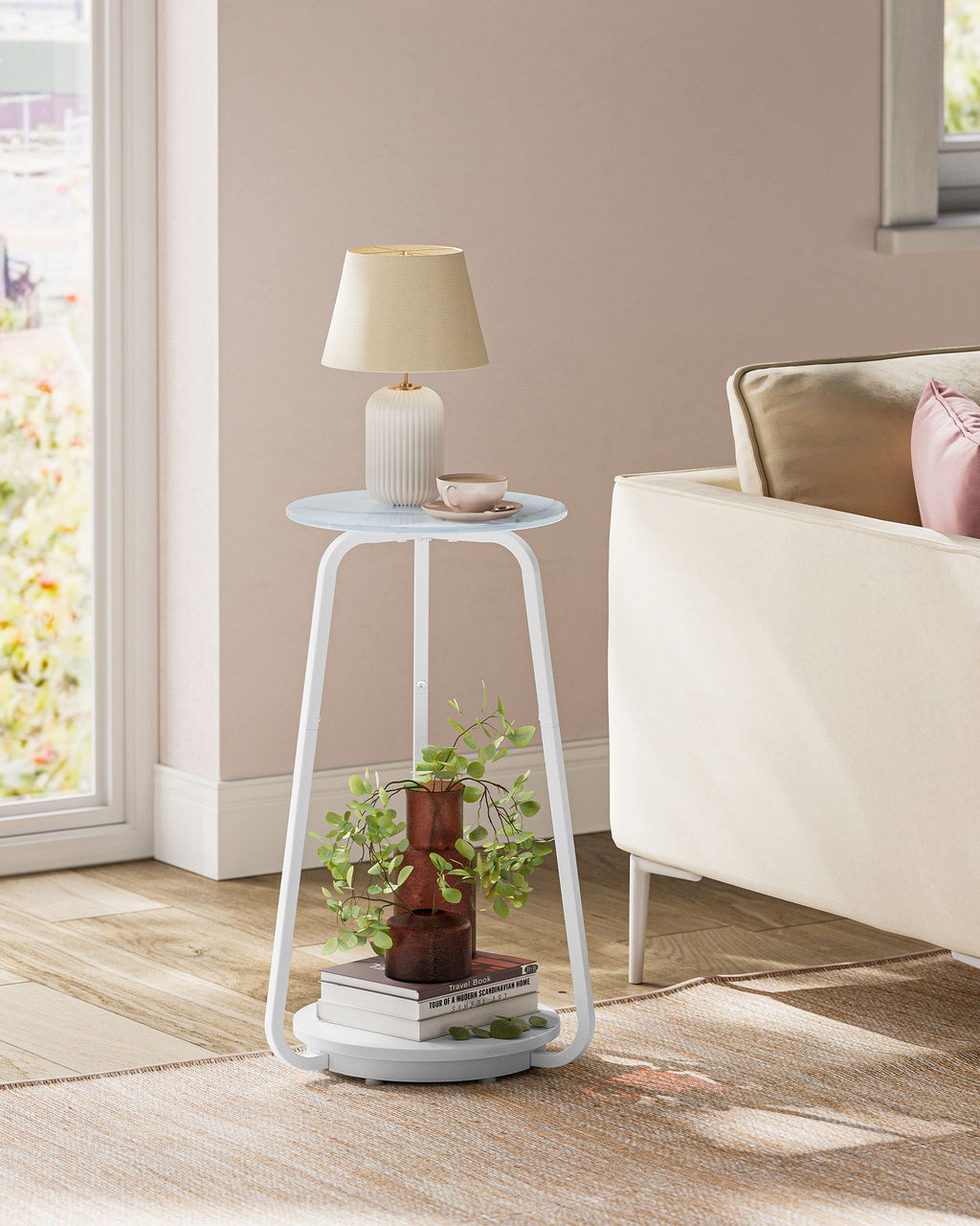 Rund sidobord med 2 nivåer och glasstopp och kort