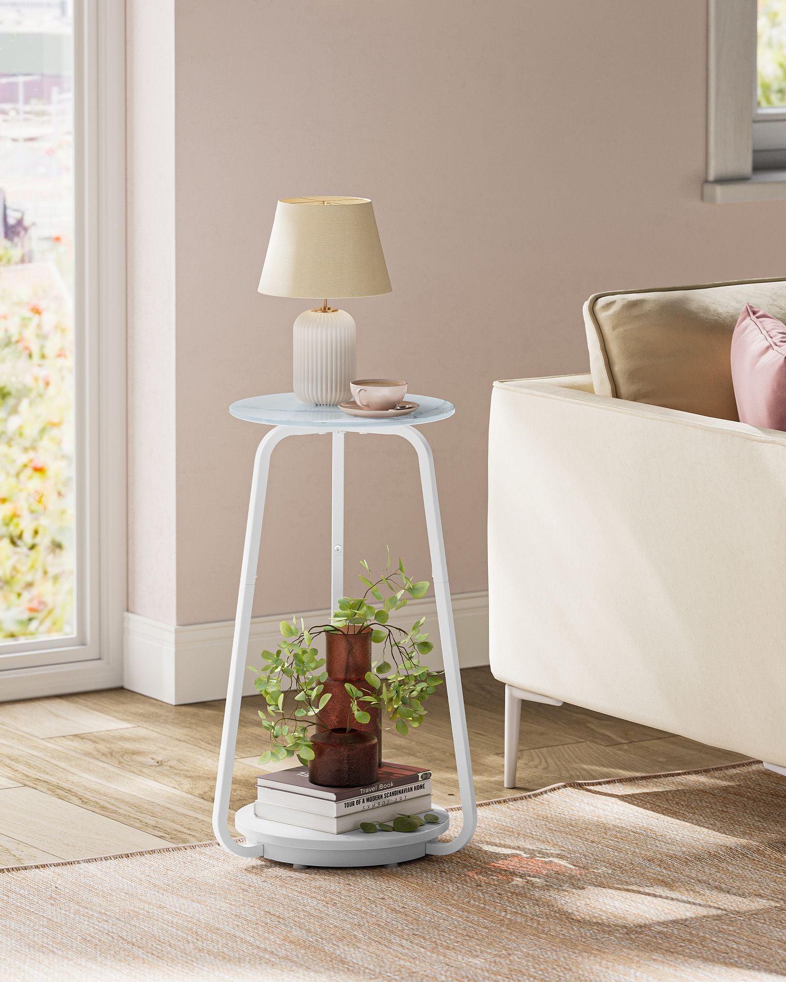 Rund sidobord med 2 nivåer och glasstopp och kort