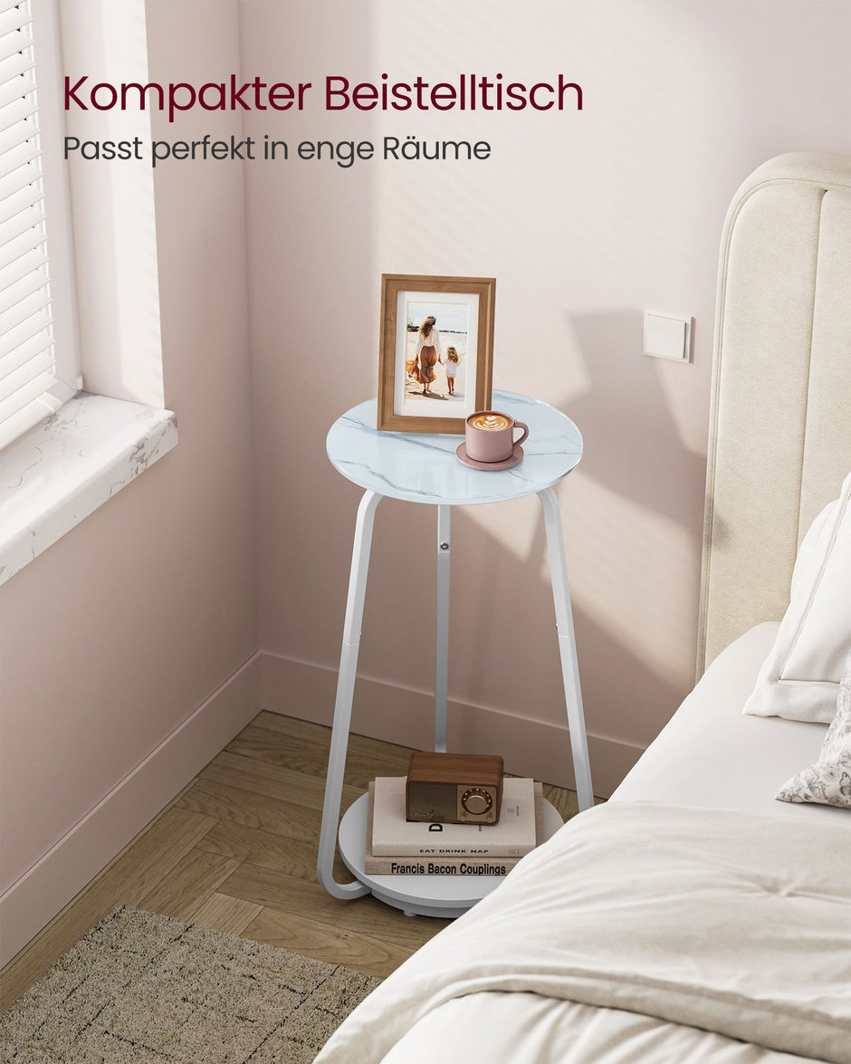 Runt sidobord – 2 nivåer – Glasskiva – Vit marmor