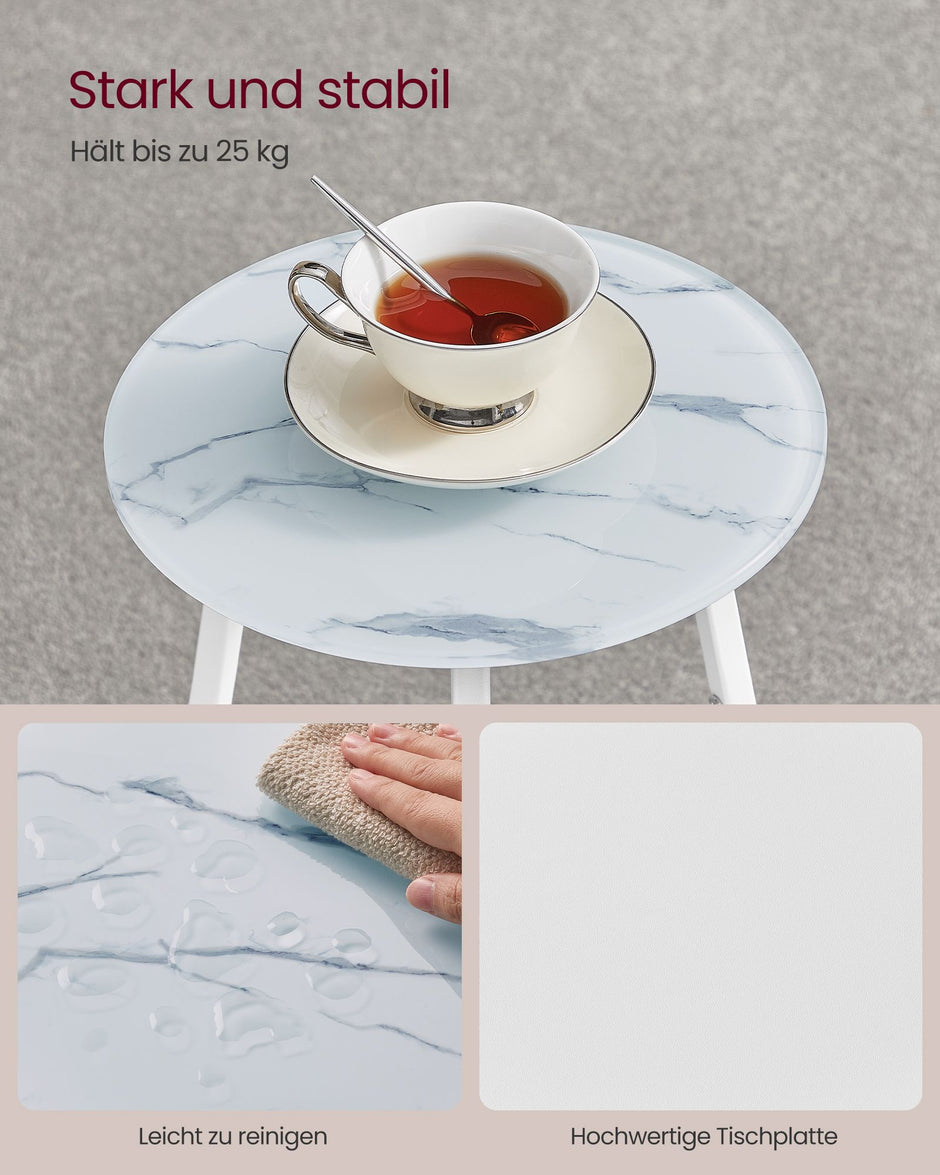 Runt sidobord – 2 nivåer – Glasskiva – Vit marmor
