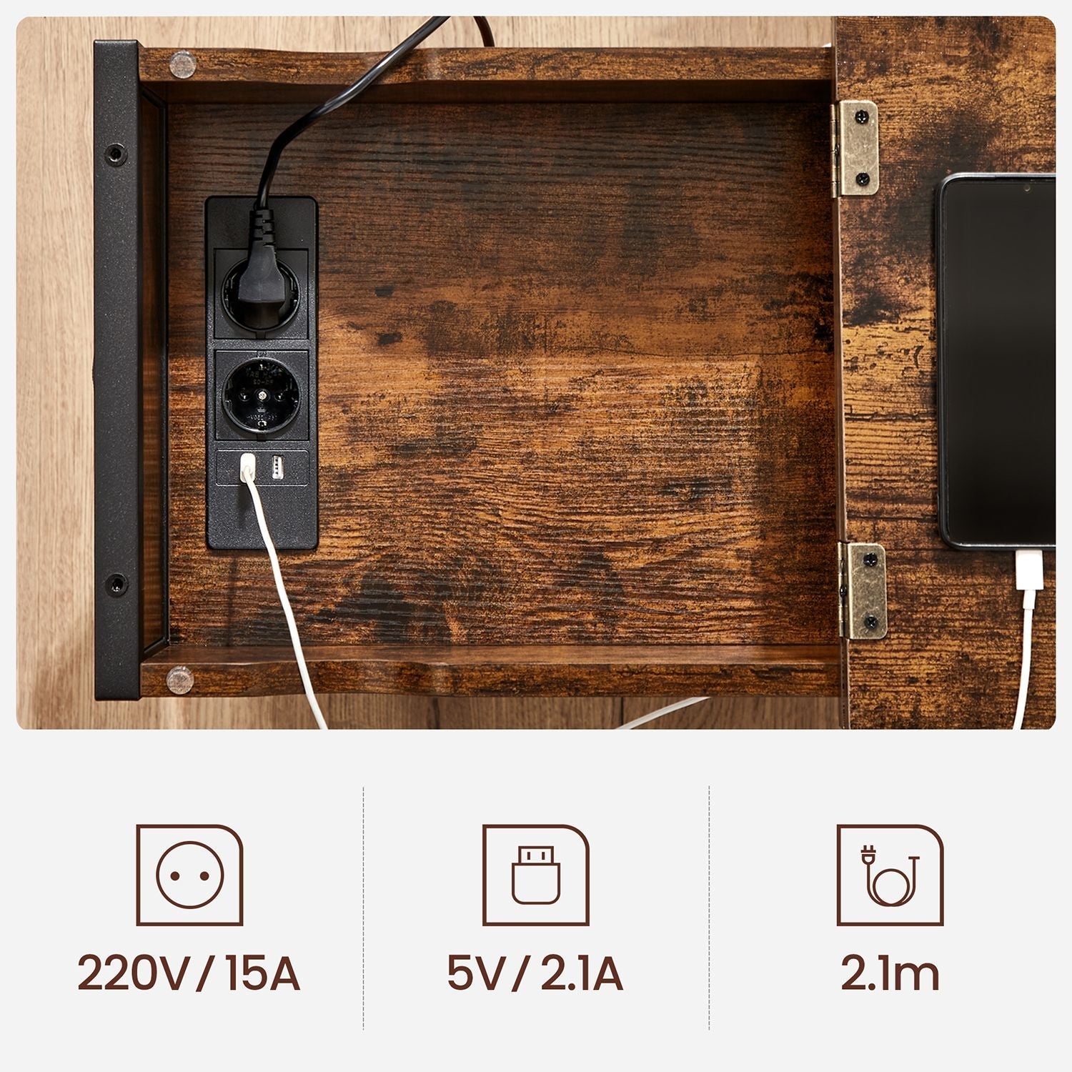 Sidobord - sängbord - med fällbara bordsskivor och uttag - vintage brun / svart