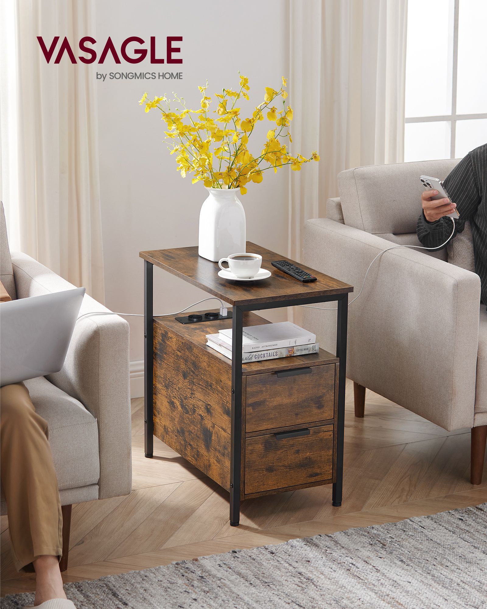 Sängbord med låda – Modern Design – Vintage Brun och Svart