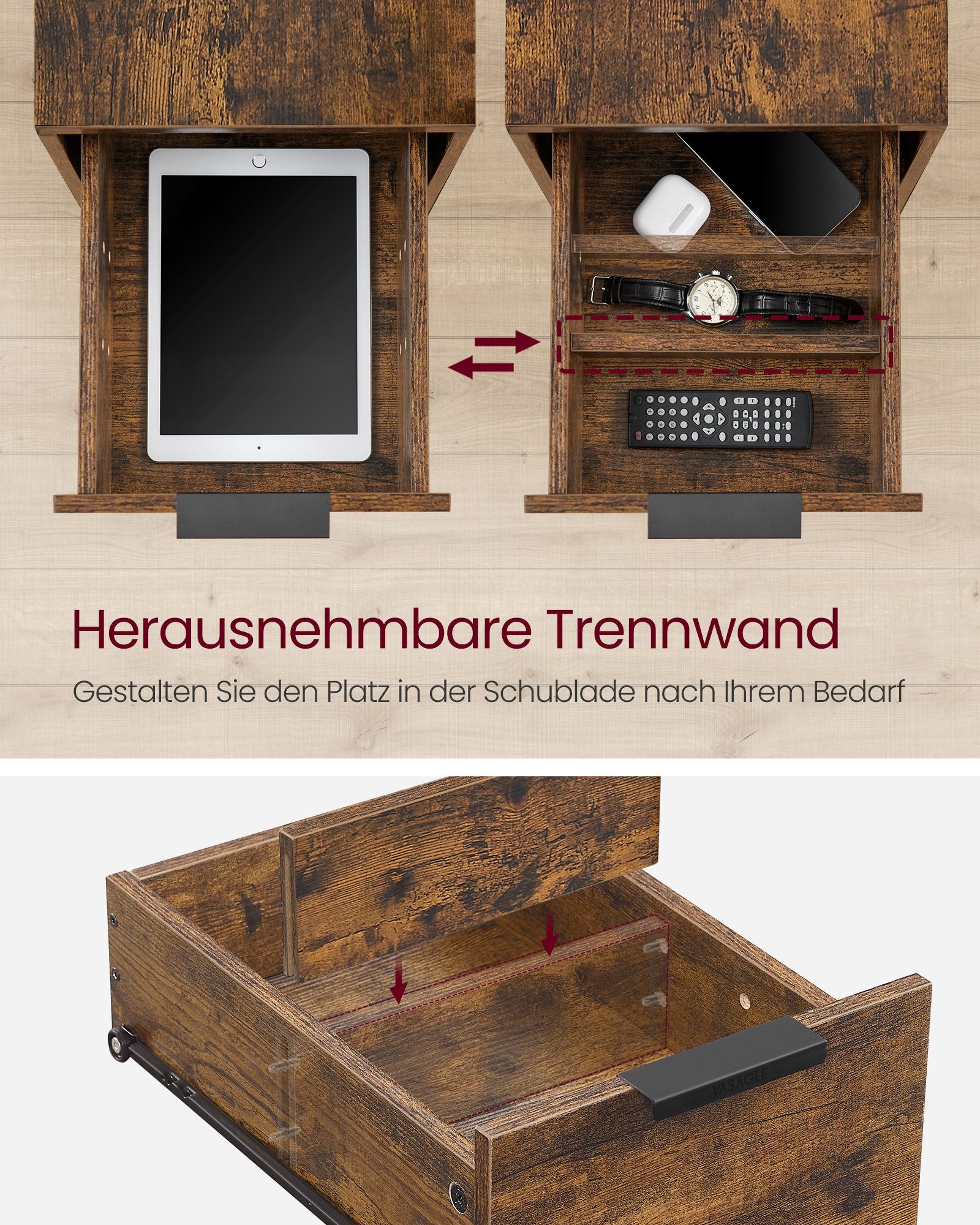 Sängbord med låda – Modern Design – Vintage Brun och Svart