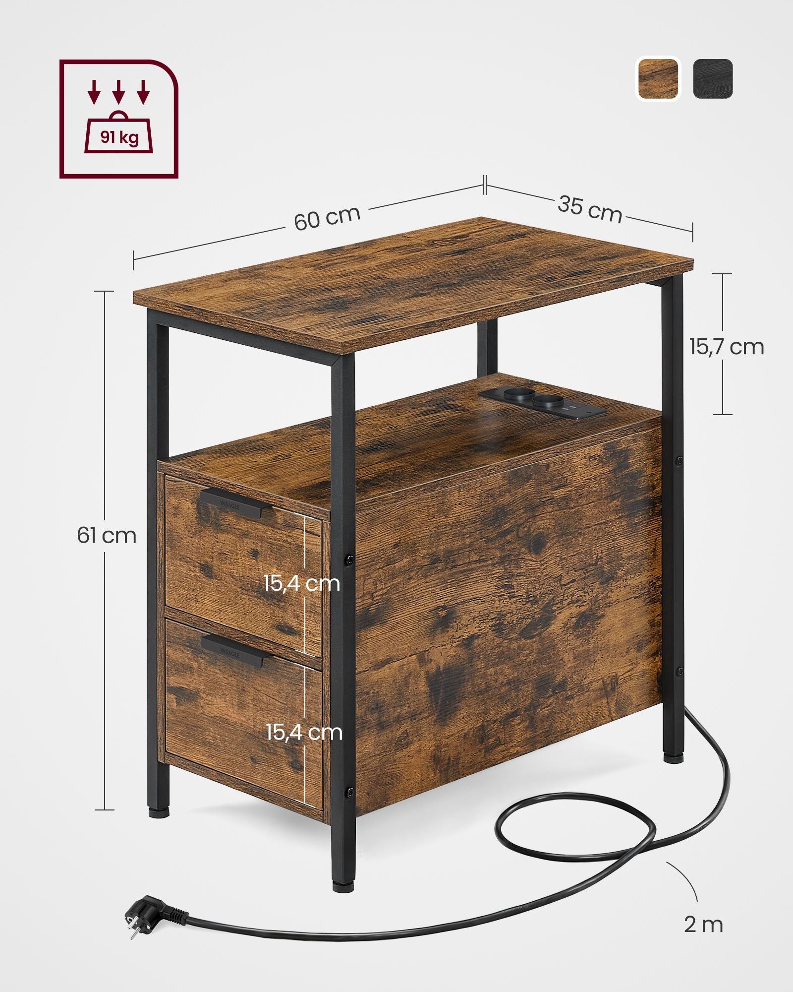 Sängbord med låda – Modern Design – Vintage Brun och Svart