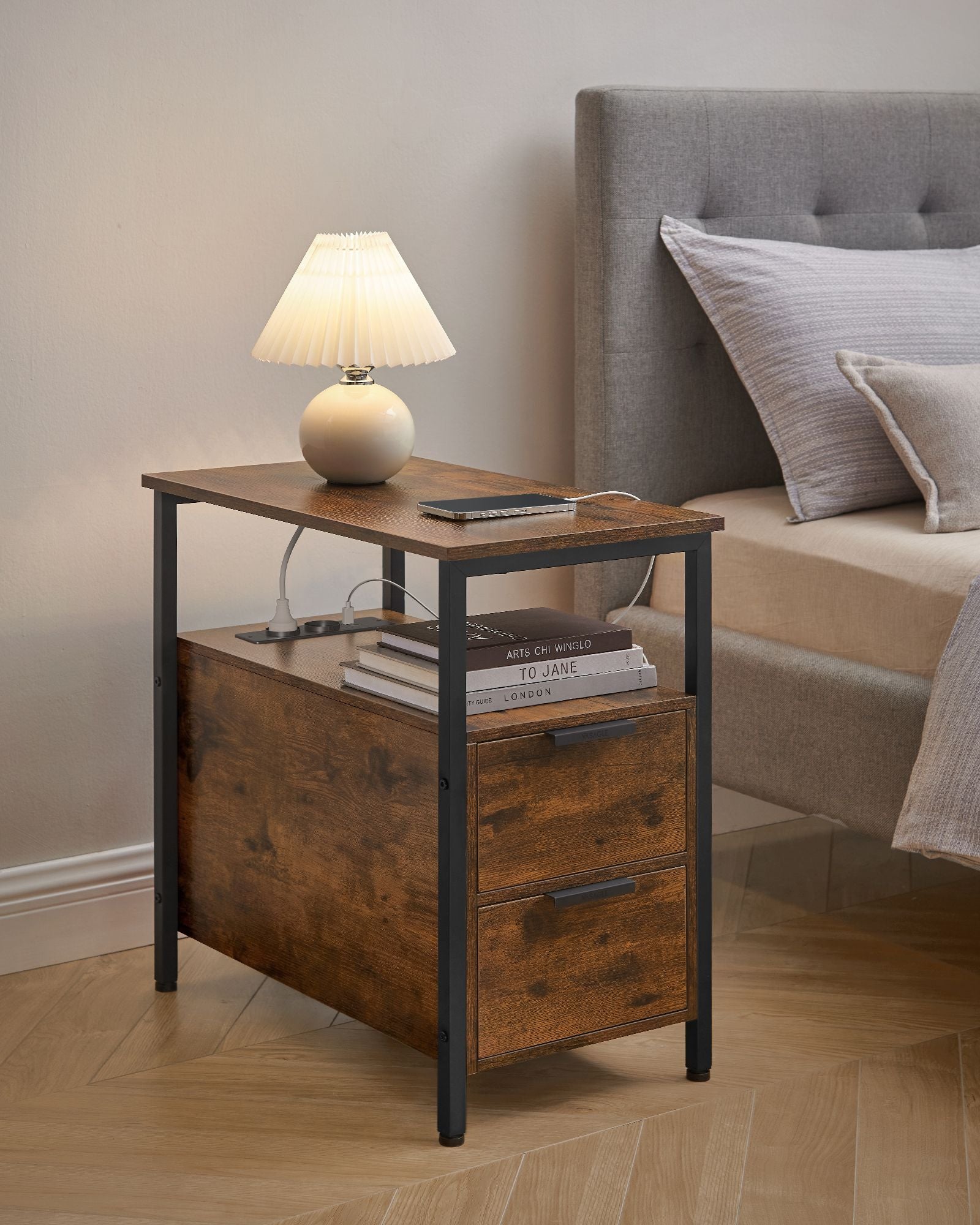 Sängbord med låda – Modern Design – Vintage Brun och Svart