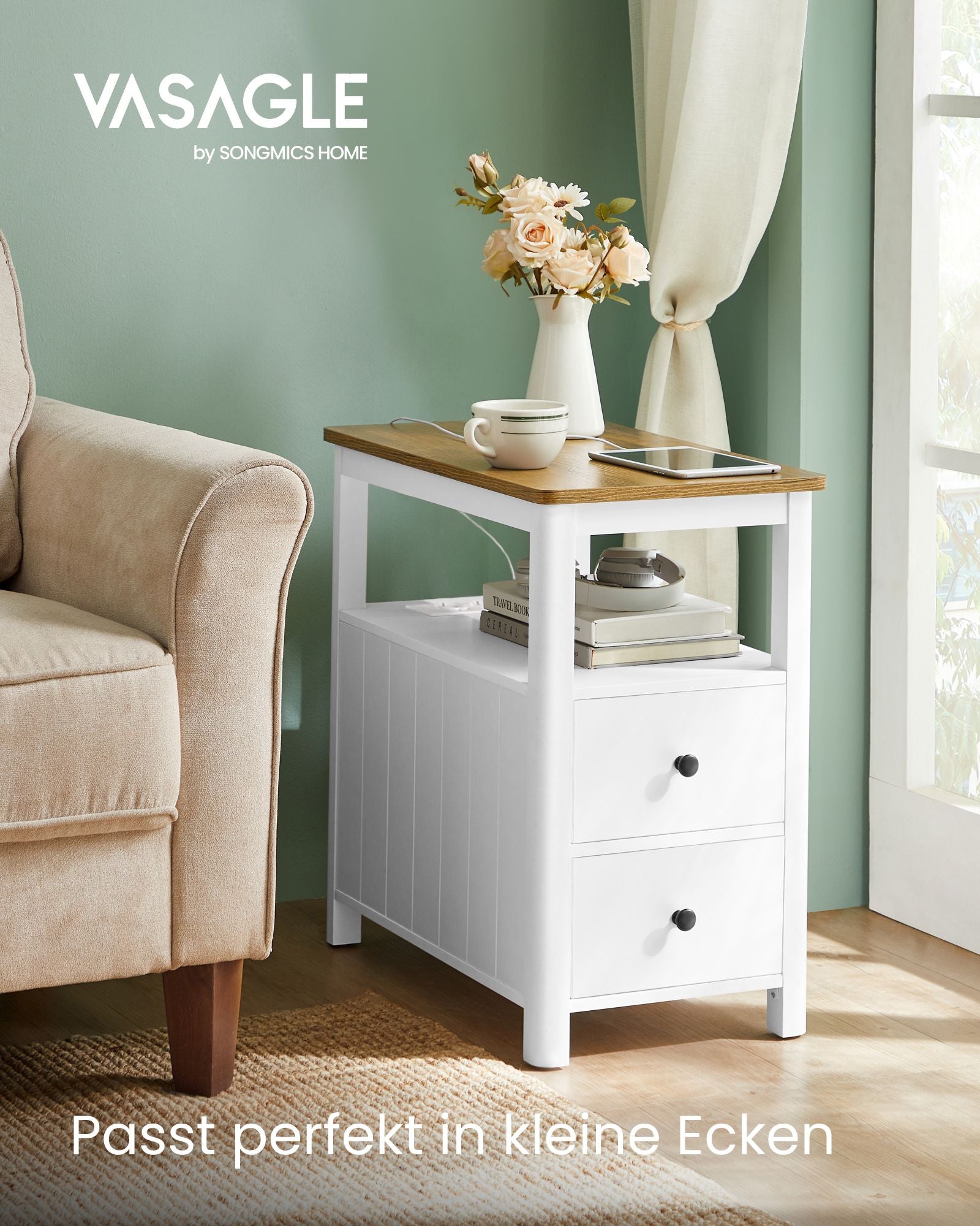 Smal sidobord med socket-walnut brun-vit