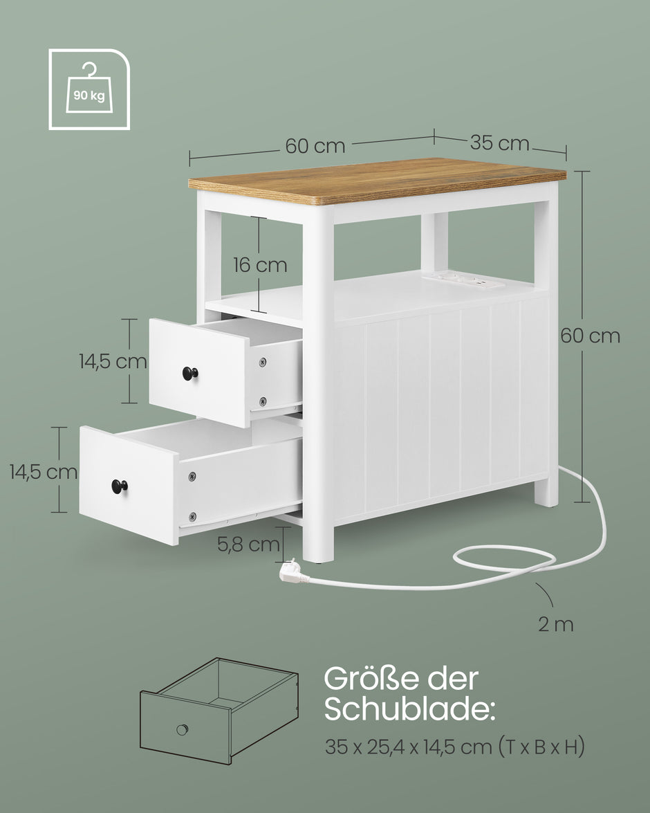 Smalt sidobord med grenuttag i valnötsbrunt och vitt