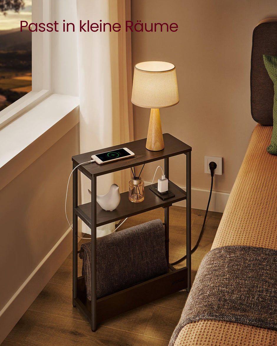 Sidobord – med 3 hyllplan – smalt – svart