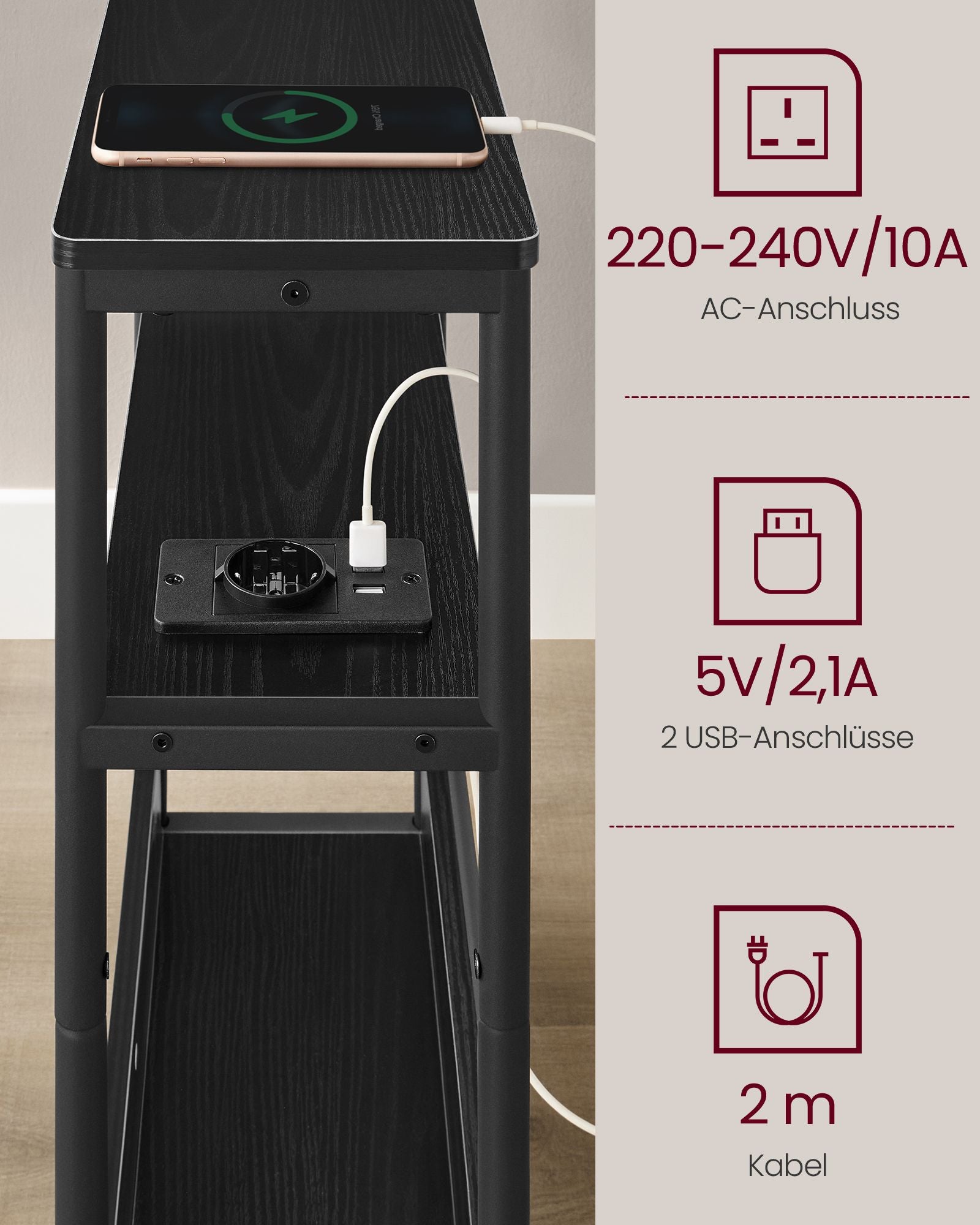 Sidobord – med 3 hyllplan – smalt – svart