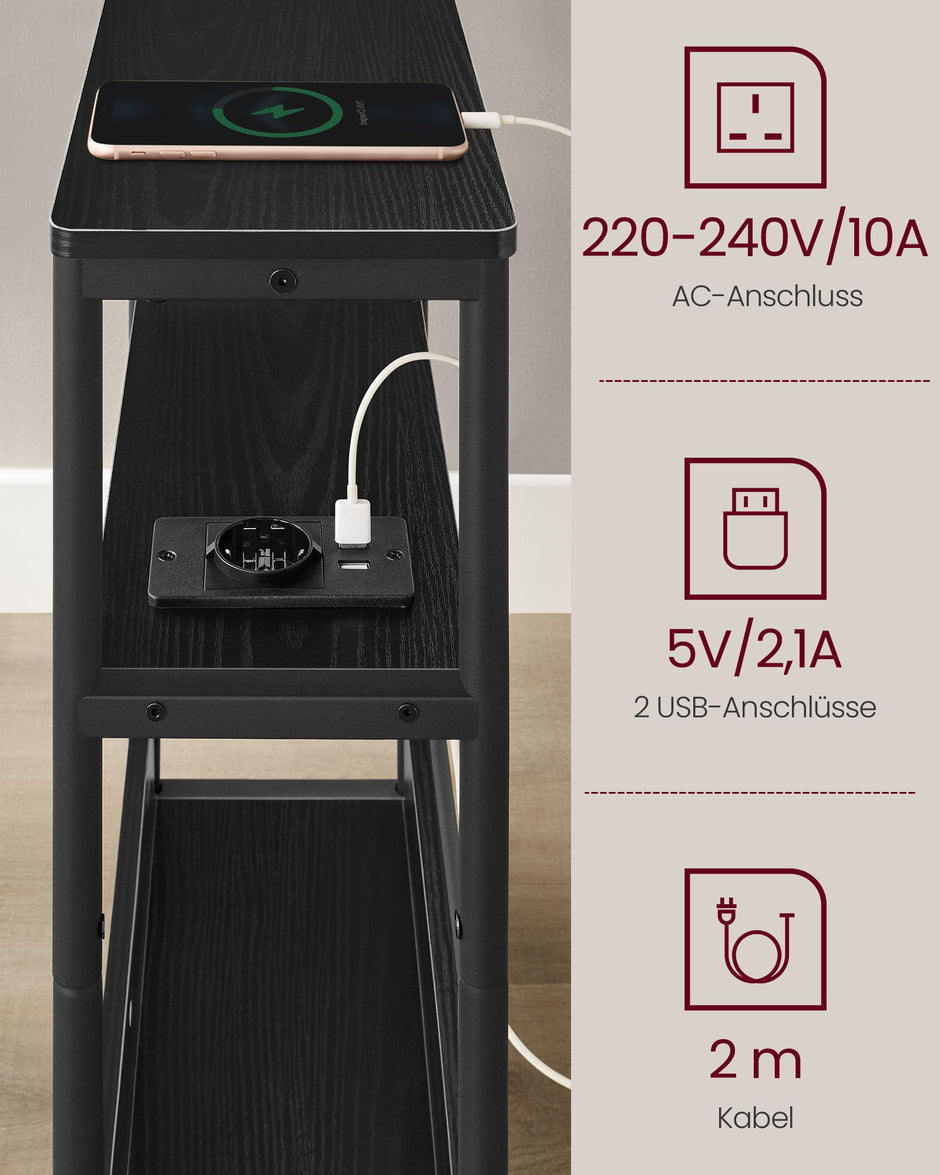 Sidobord – med 3 hyllplan – smalt – svart