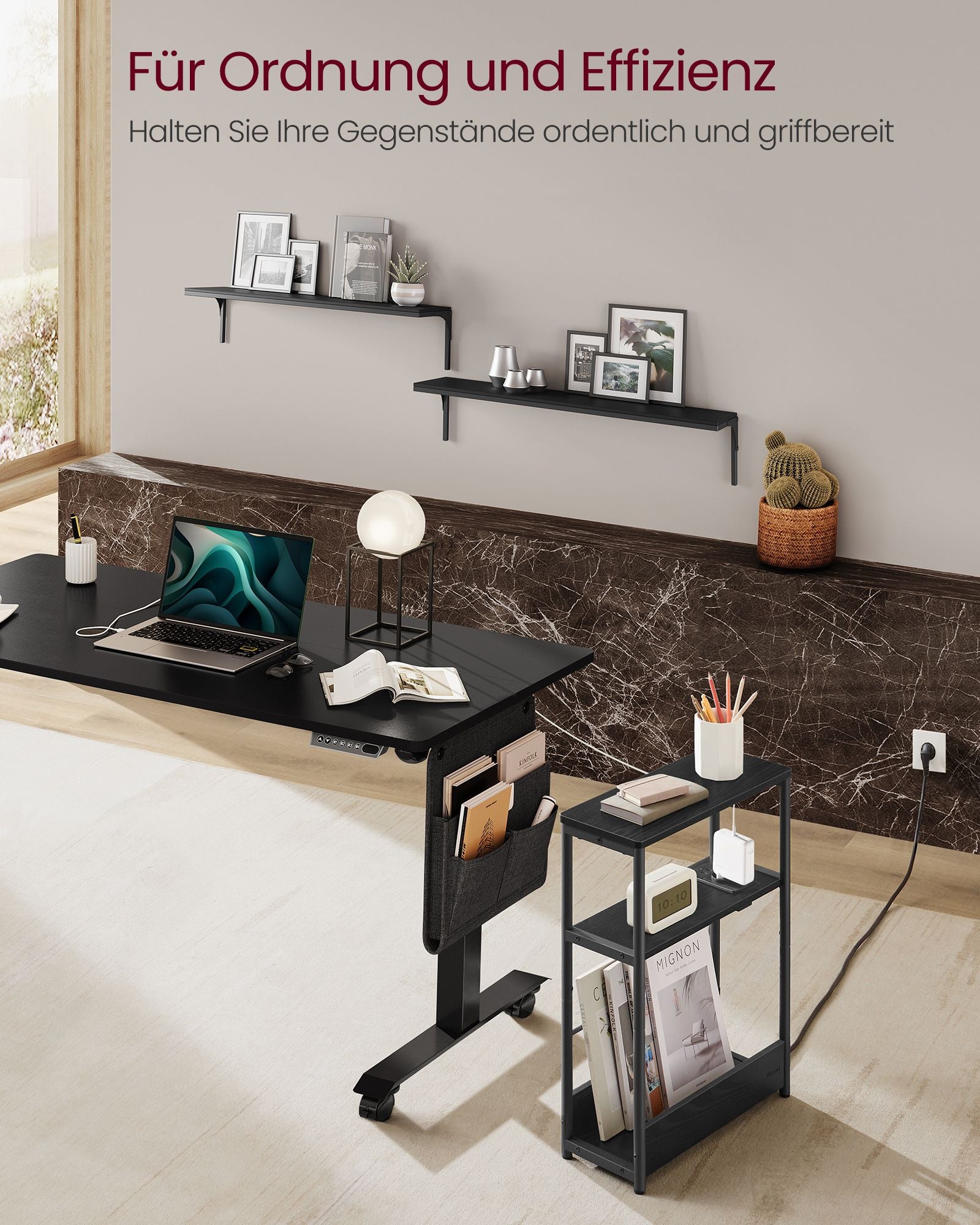 Sidobord - med 3 hyllor - smal - ebenholts svart & bläck -svart