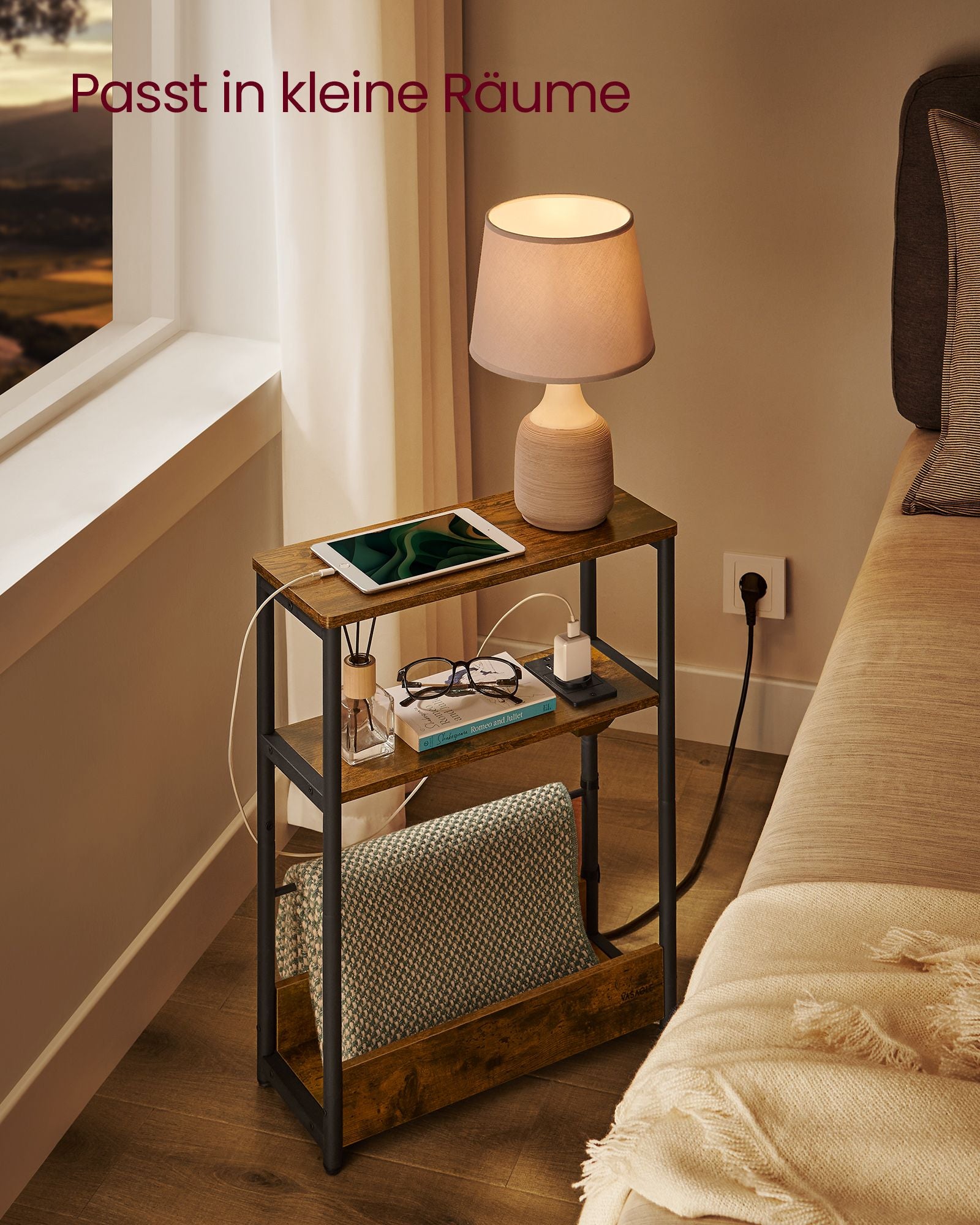 Sidobord-med 3 hyllor-smörvintage brun-bläck svart