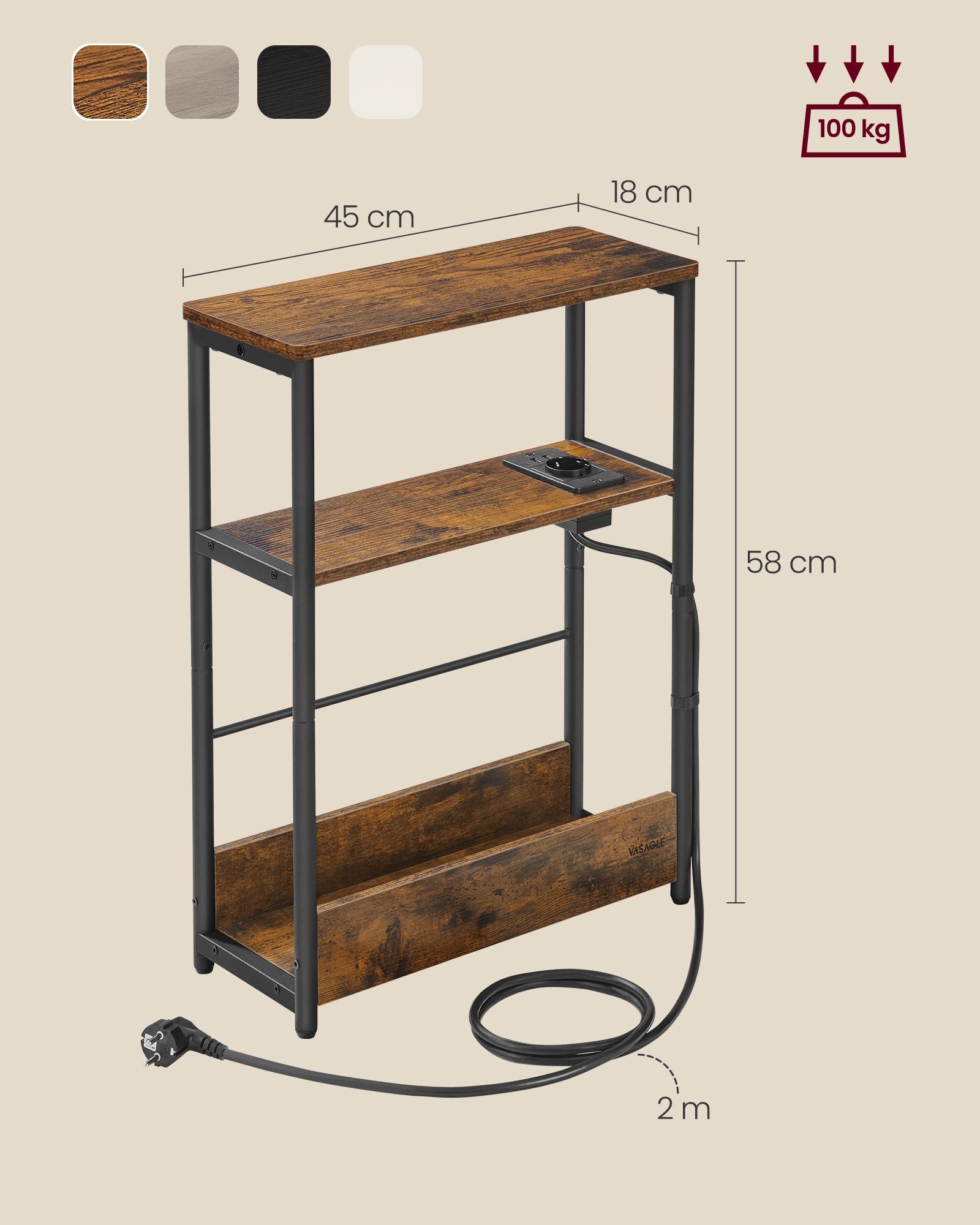 Sidobord-med 3 hyllor-smörvintage brun-bläck svart