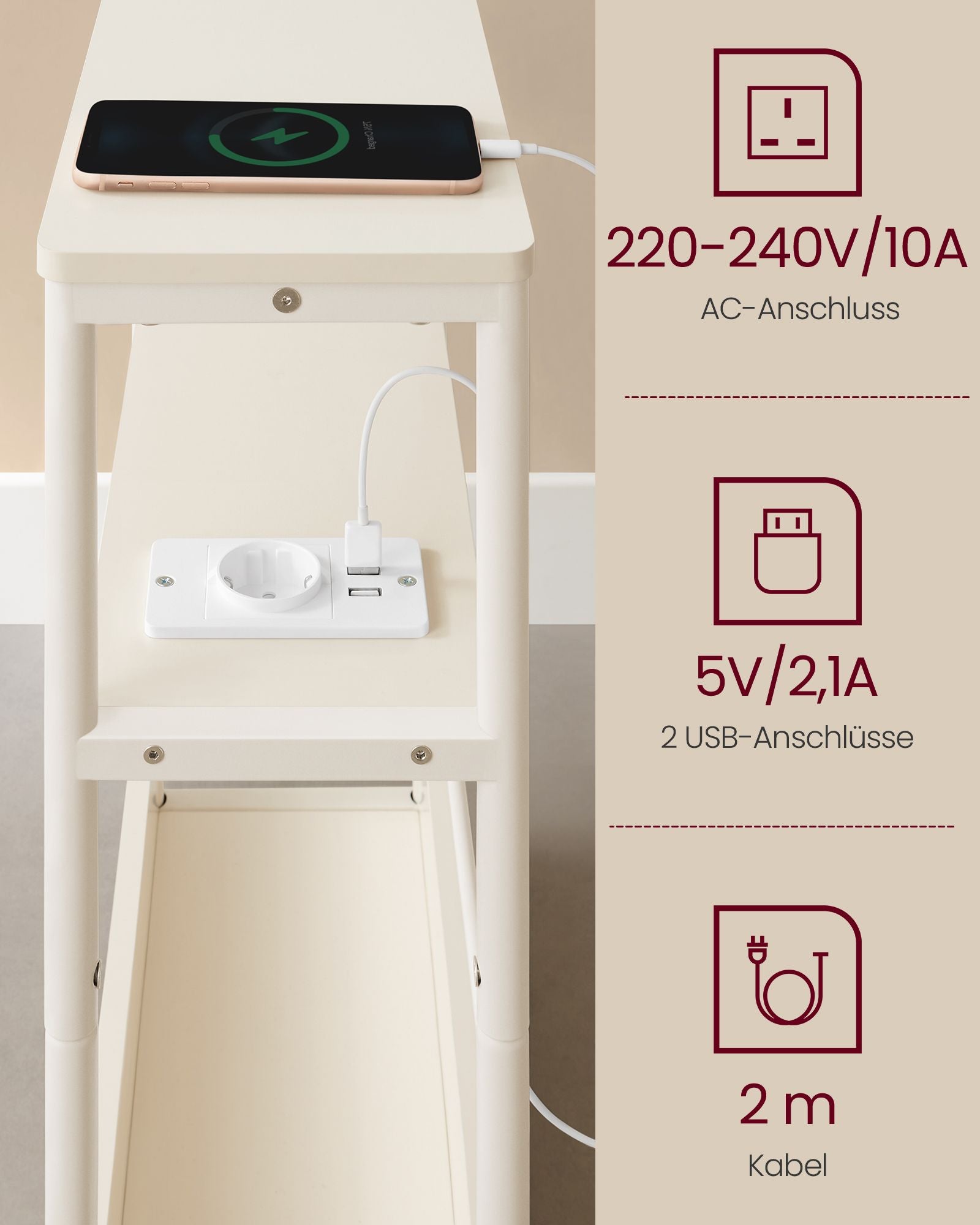 Sidobord - med 3 hyllor - smal - gräddevit